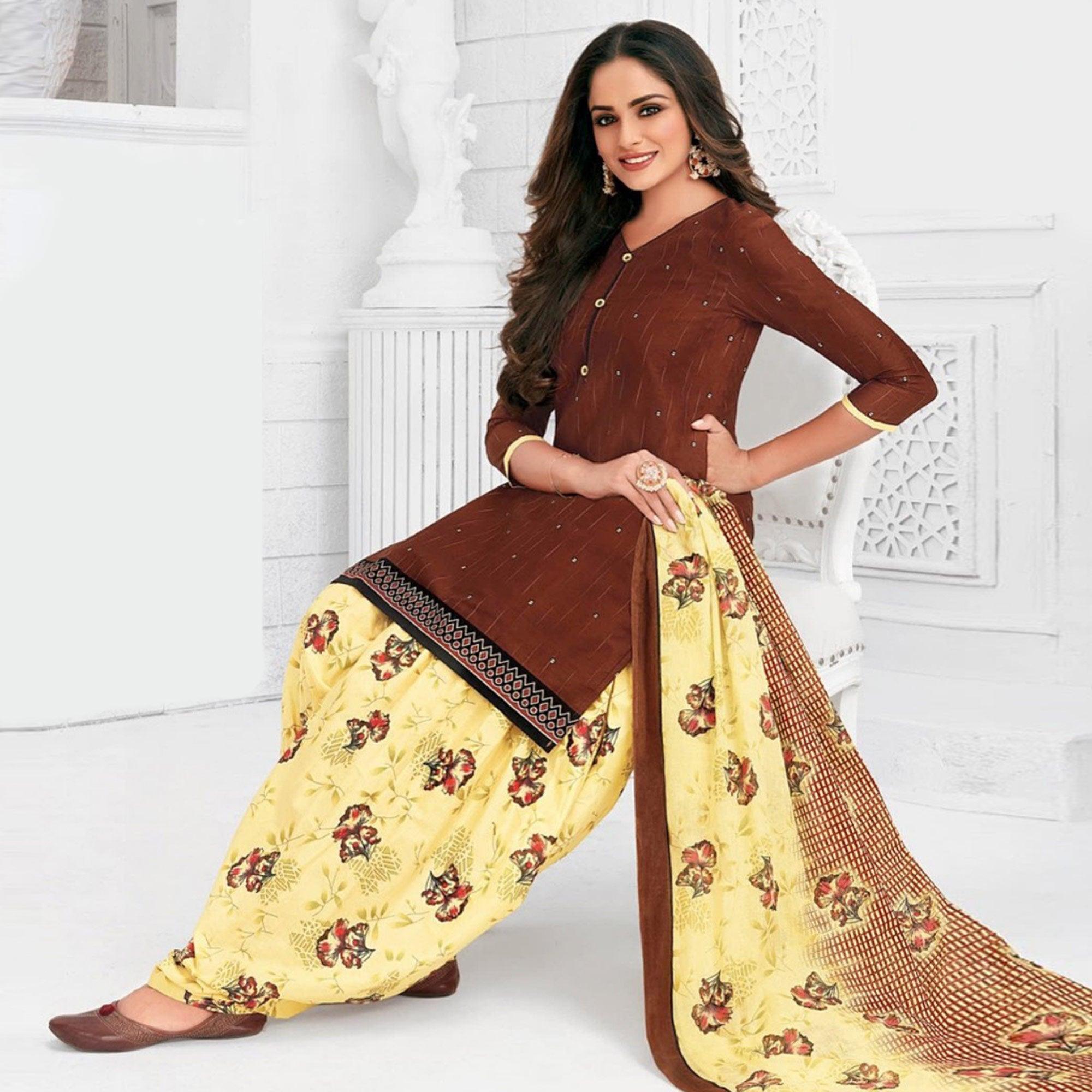 Brown Casual Wear Printed Stitched Cotton Patiyala Suit With Dupatta - Peachmode