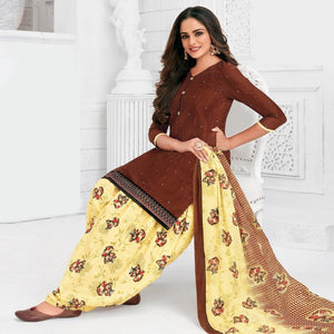 Brown Casual Wear Printed Stitched Cotton Patiyala Suit With Dupatta - Peachmode