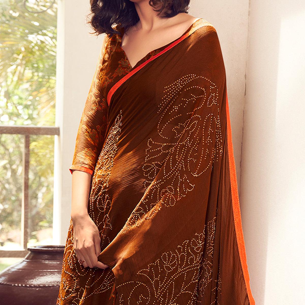 Brown Casual Wear Printed Velvet Chiffon Saree - Peachmode
