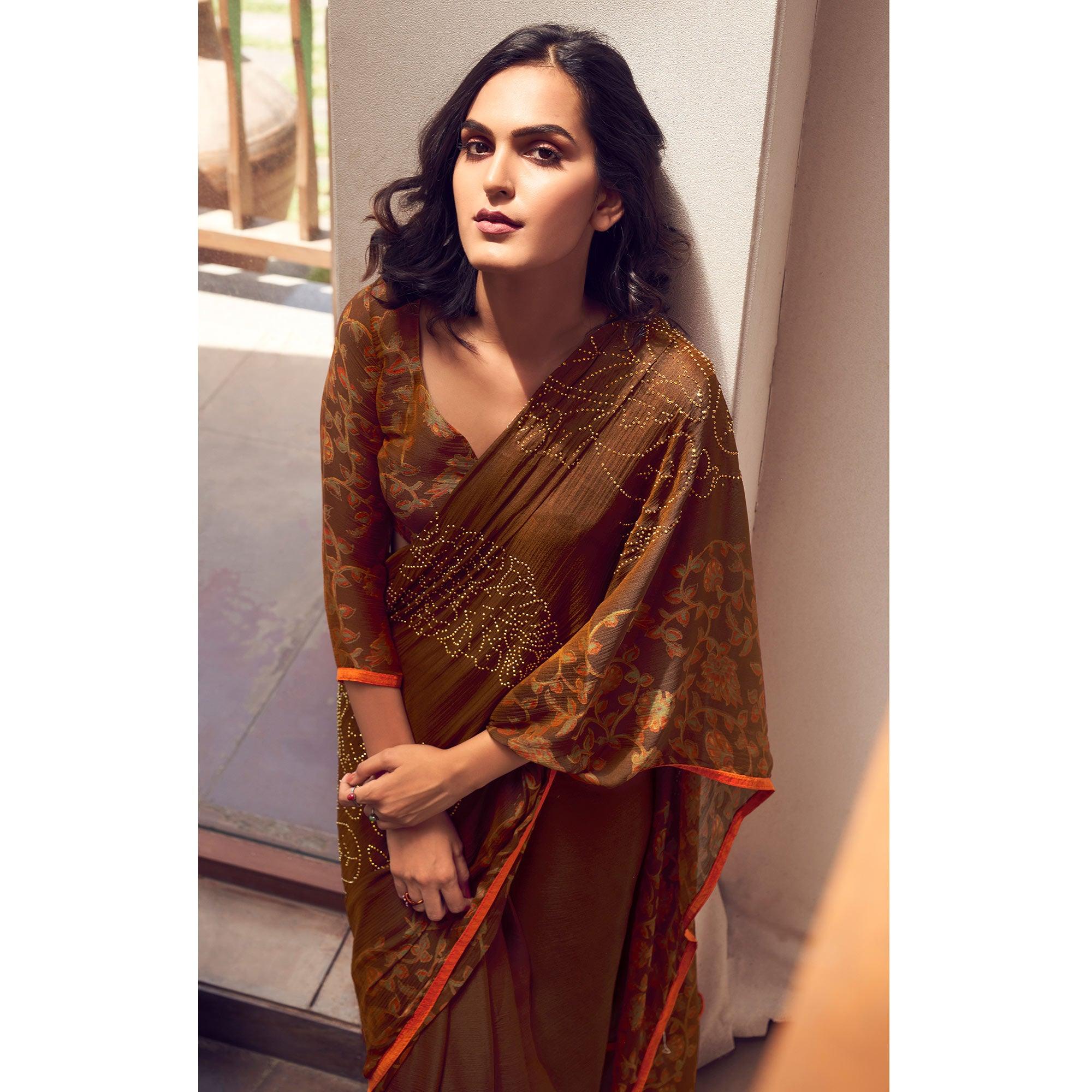Brown Casual Wear Printed Velvet Chiffon Saree - Peachmode