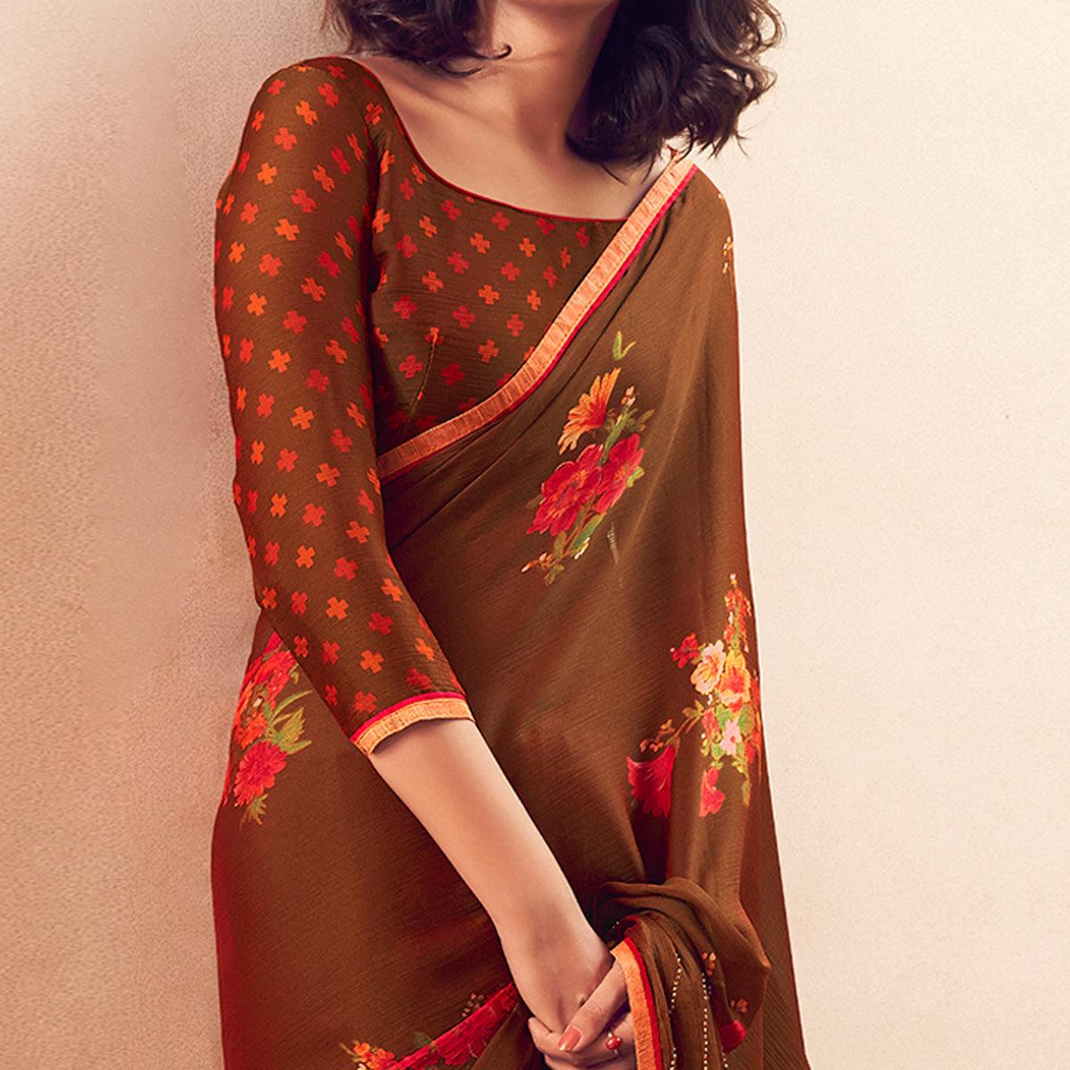 Brown Casual Wear Printed Velvet Chiffon Saree - Peachmode