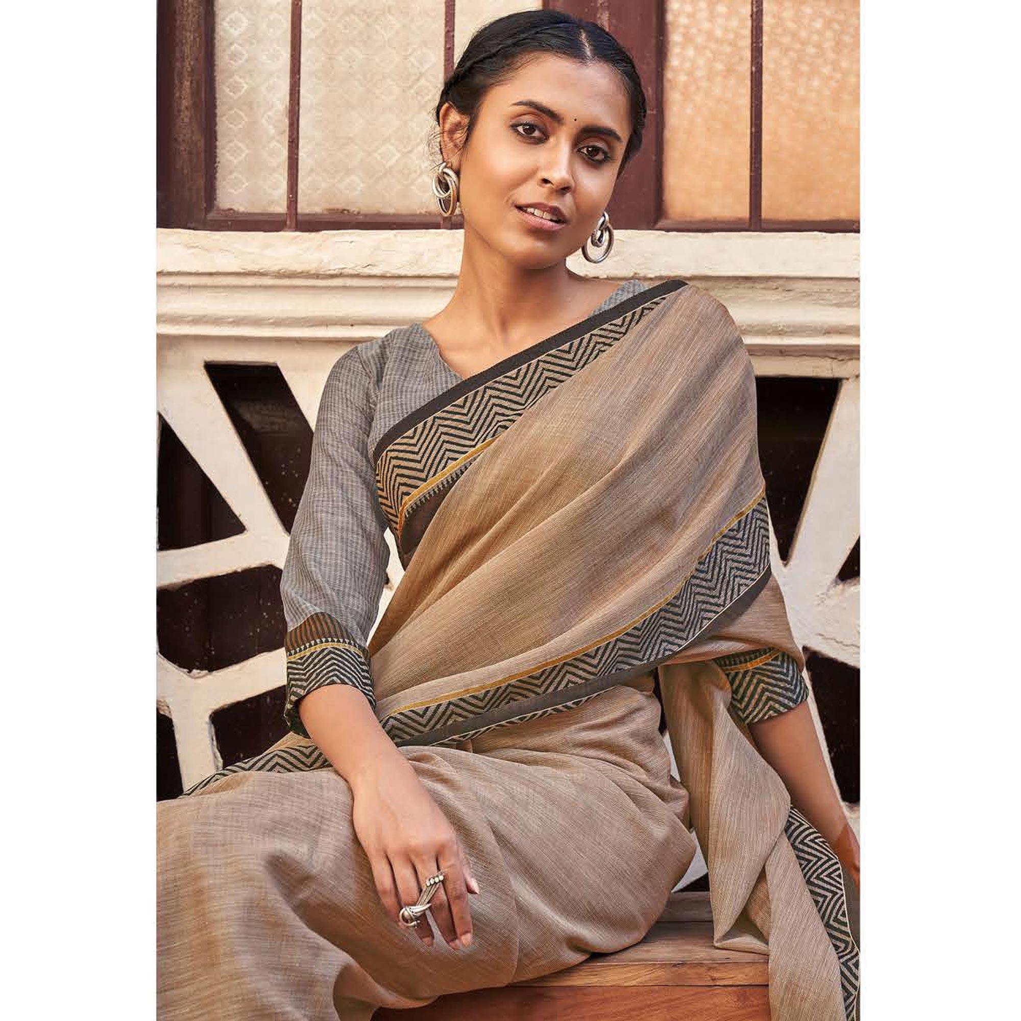 Brown Casual Wear Solid Linen Saree - Peachmode