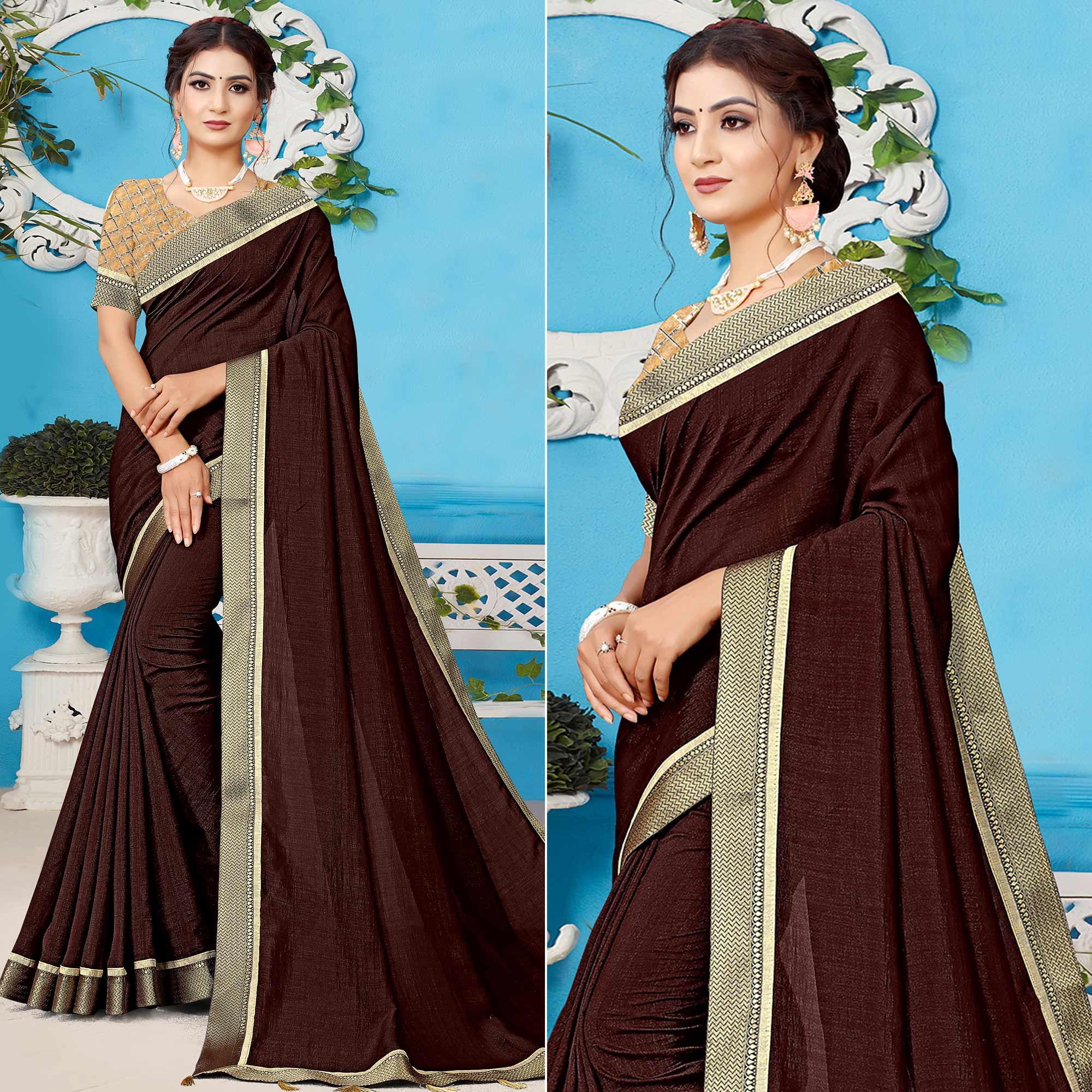 Brown Casual Wear Solid Silk Saree - Peachmode