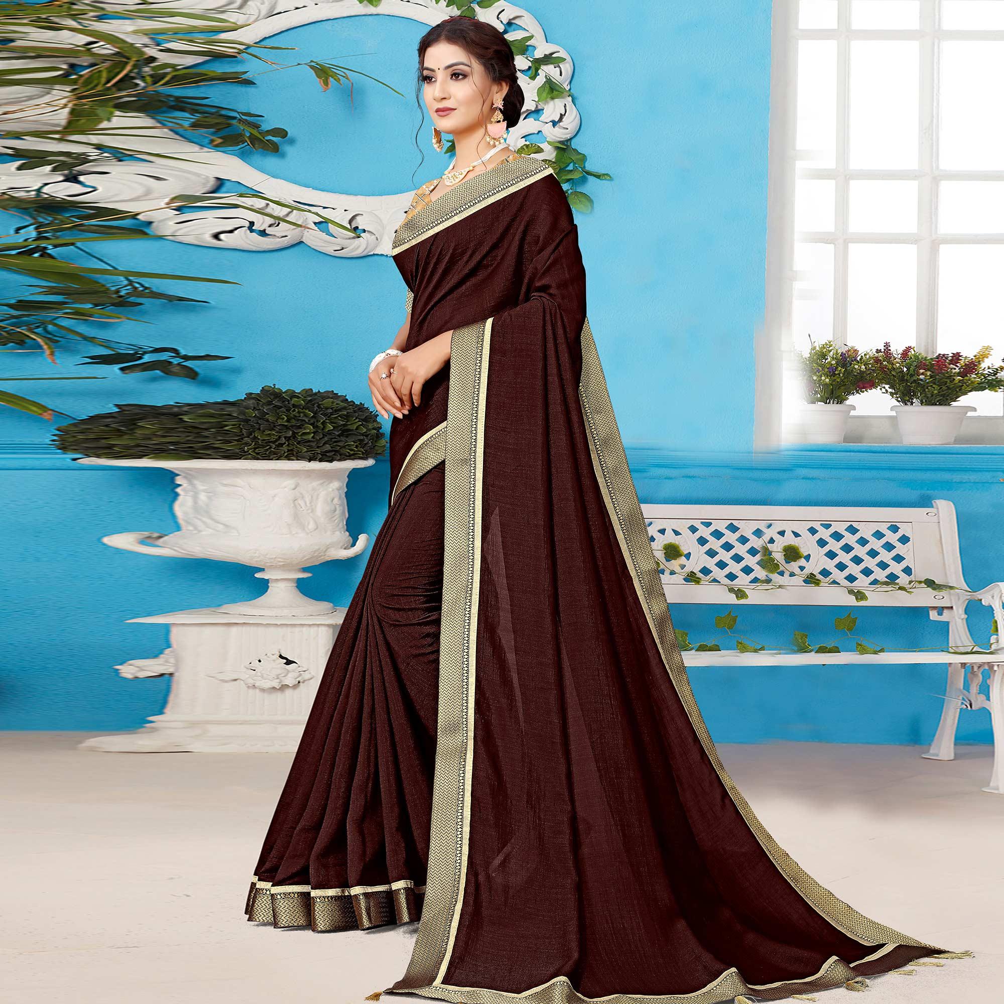 Brown Casual Wear Solid Silk Saree - Peachmode