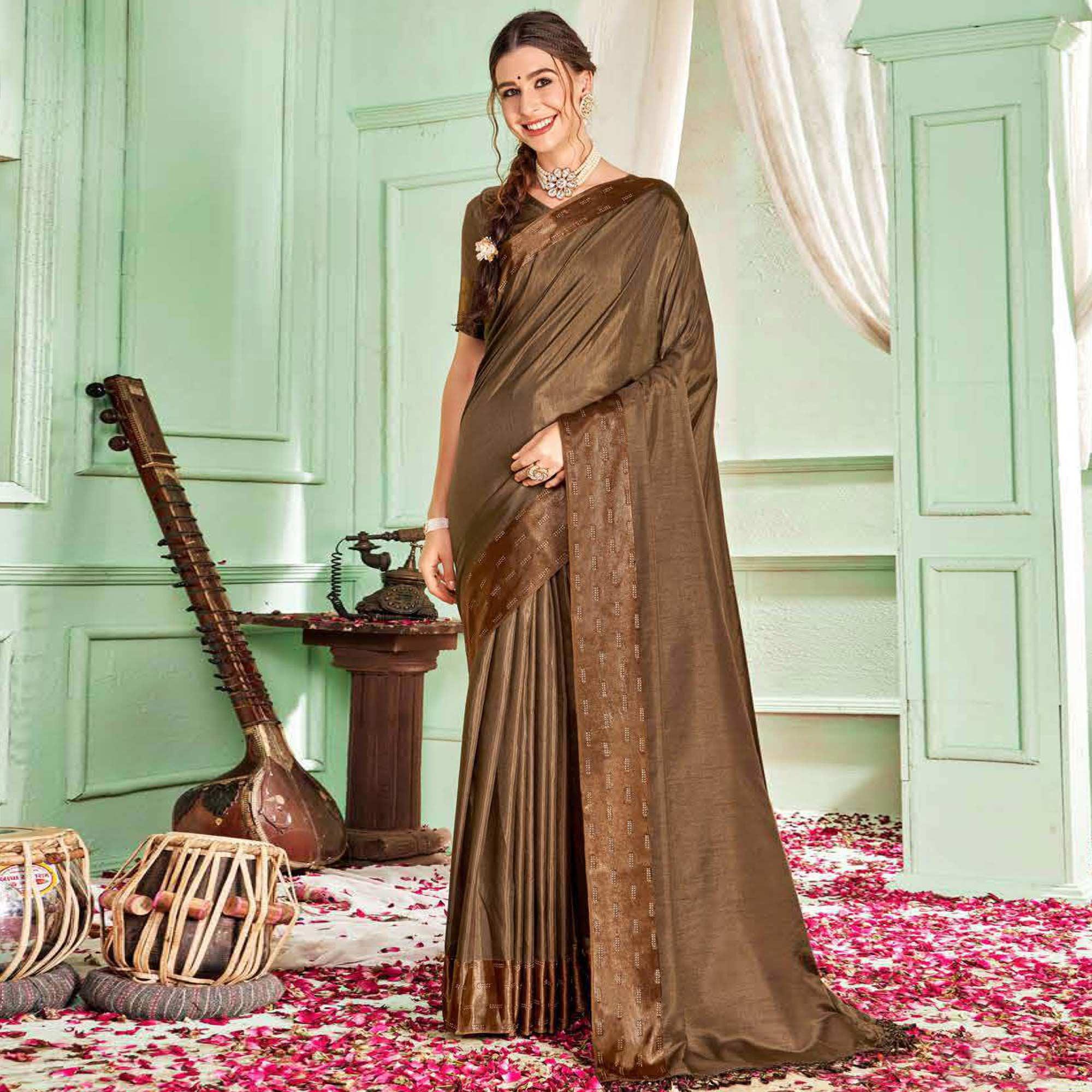 Brown Casual Wear Sworski Work Dola Silk Saree - Peachmode