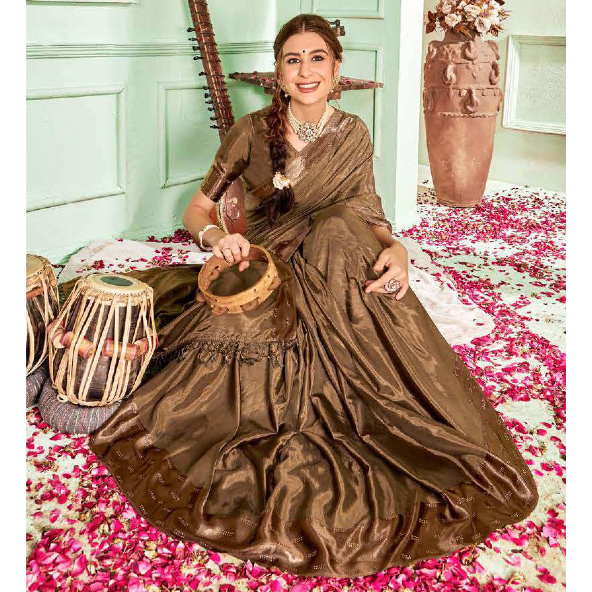 Brown Casual Wear Sworski Work Dola Silk Saree - Peachmode