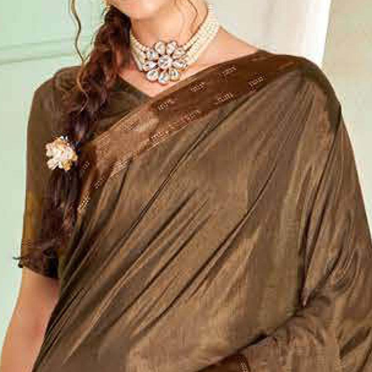 Brown Casual Wear Sworski Work Dola Silk Saree - Peachmode