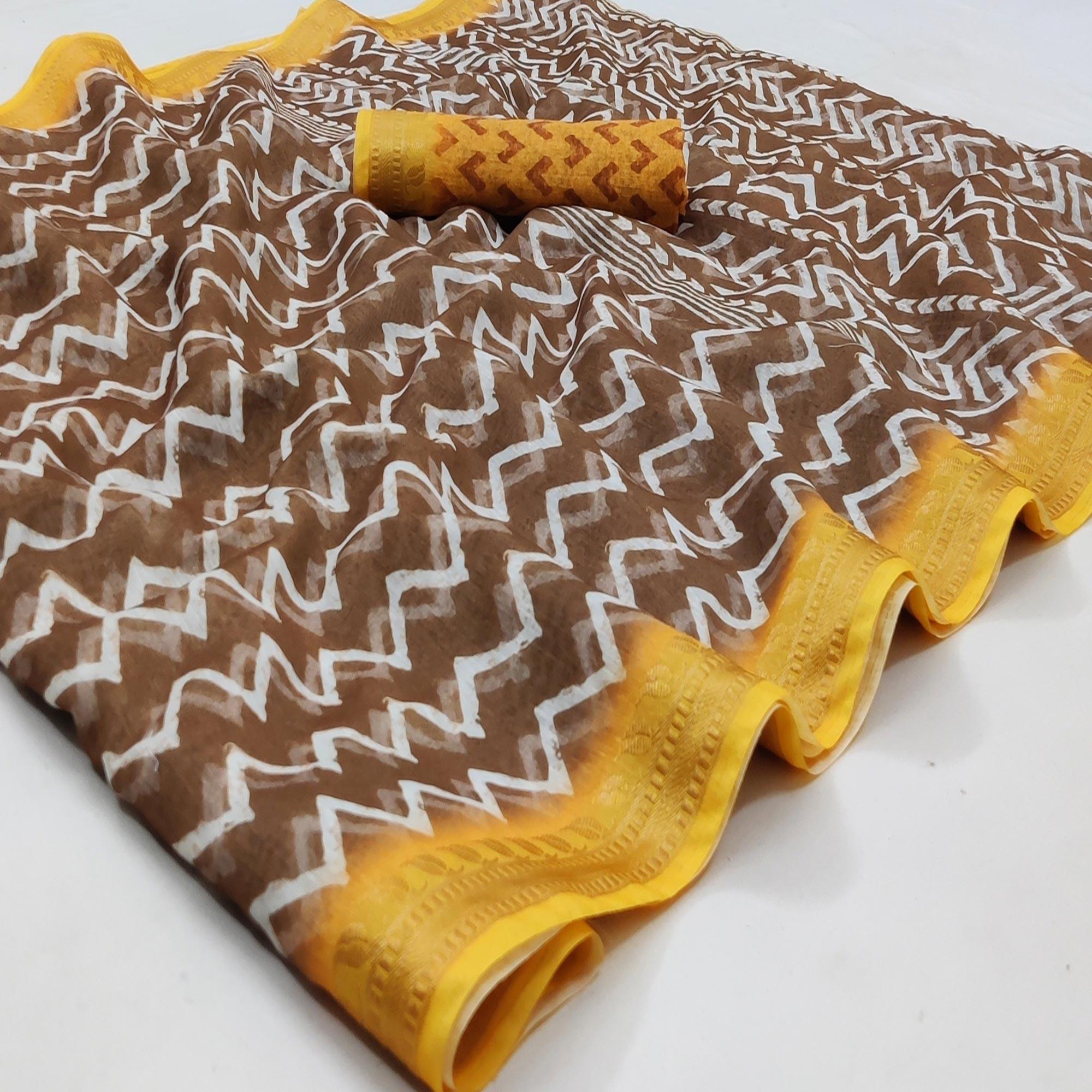 Brown Casual Wear Zigzag Digital Printed Linen Saree - Peachmode