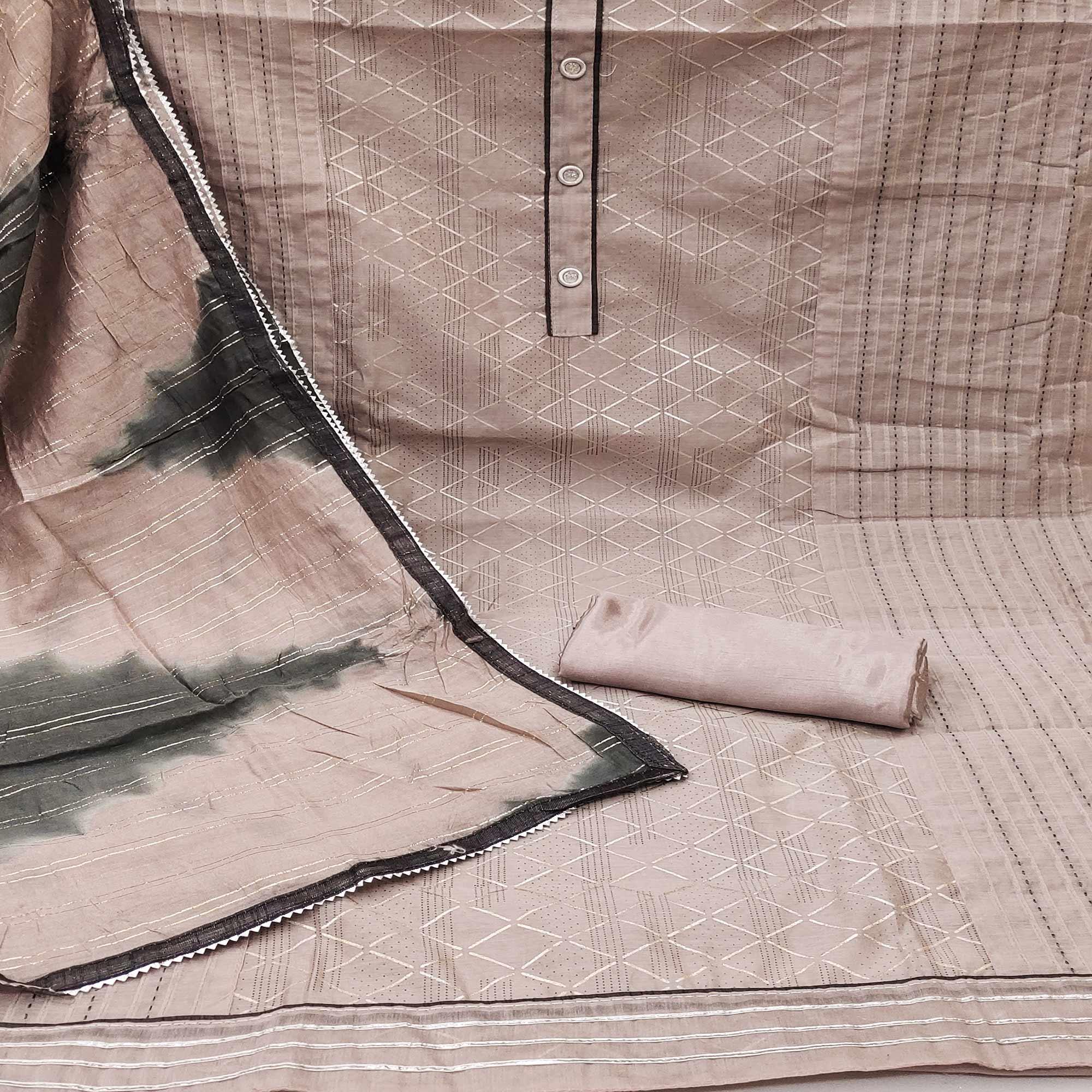 Brown Checks Printed Chanderi Dress Material - Peachmode