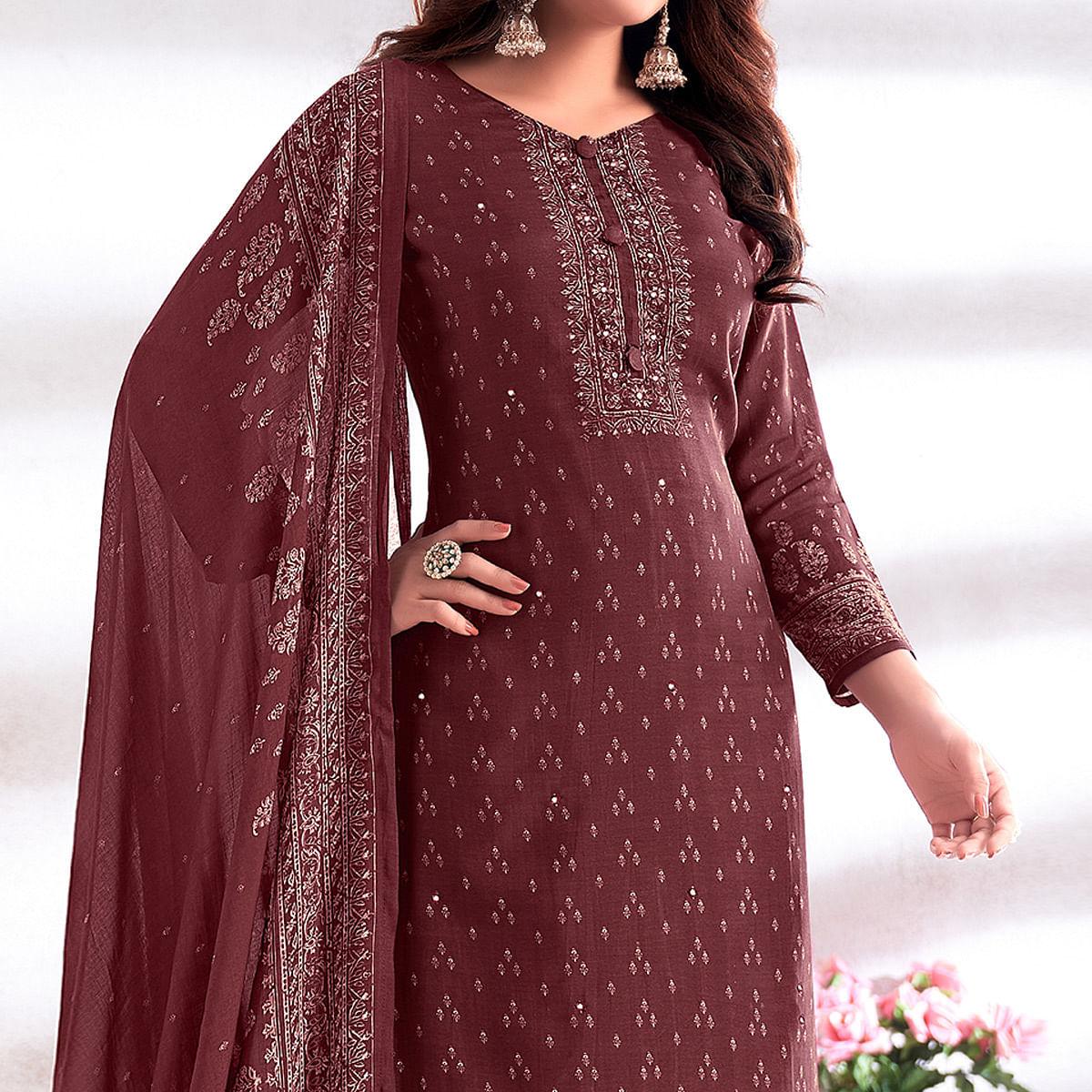 Brown Digital Printed & Hand Work Cotton Silk Suit - Peachmode