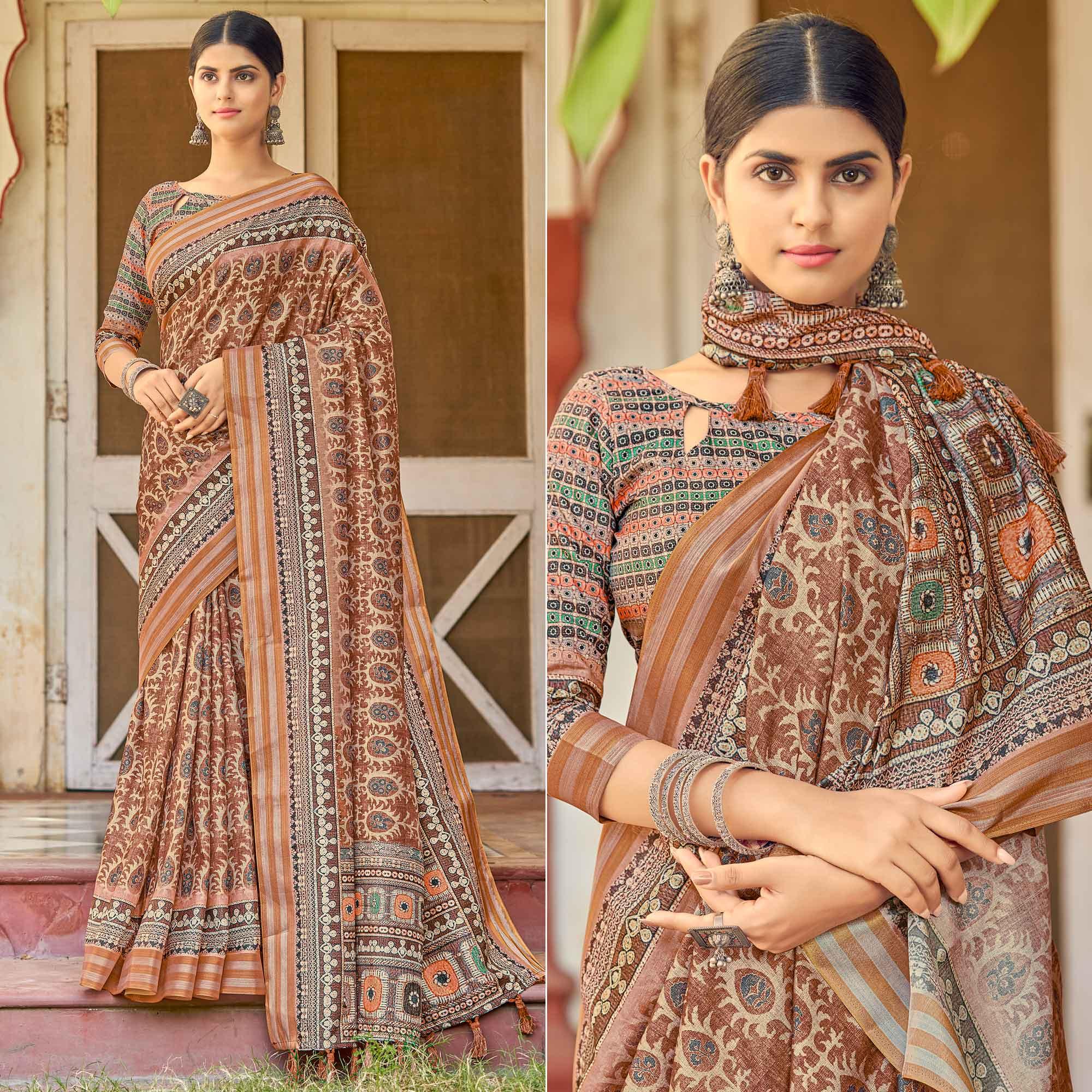 Brown Digital Printed Art Silk Saree - Peachmode