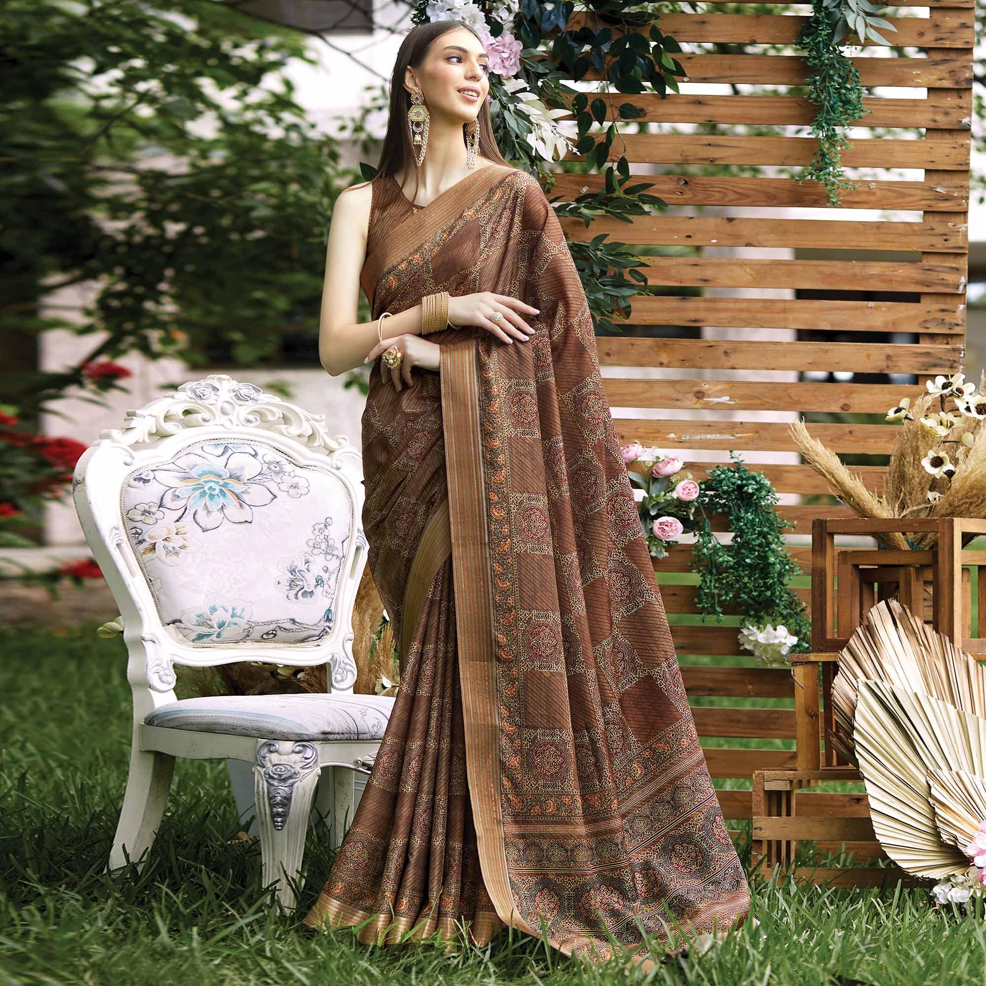 Brown Digital Printed Art Silk Saree - Peachmode