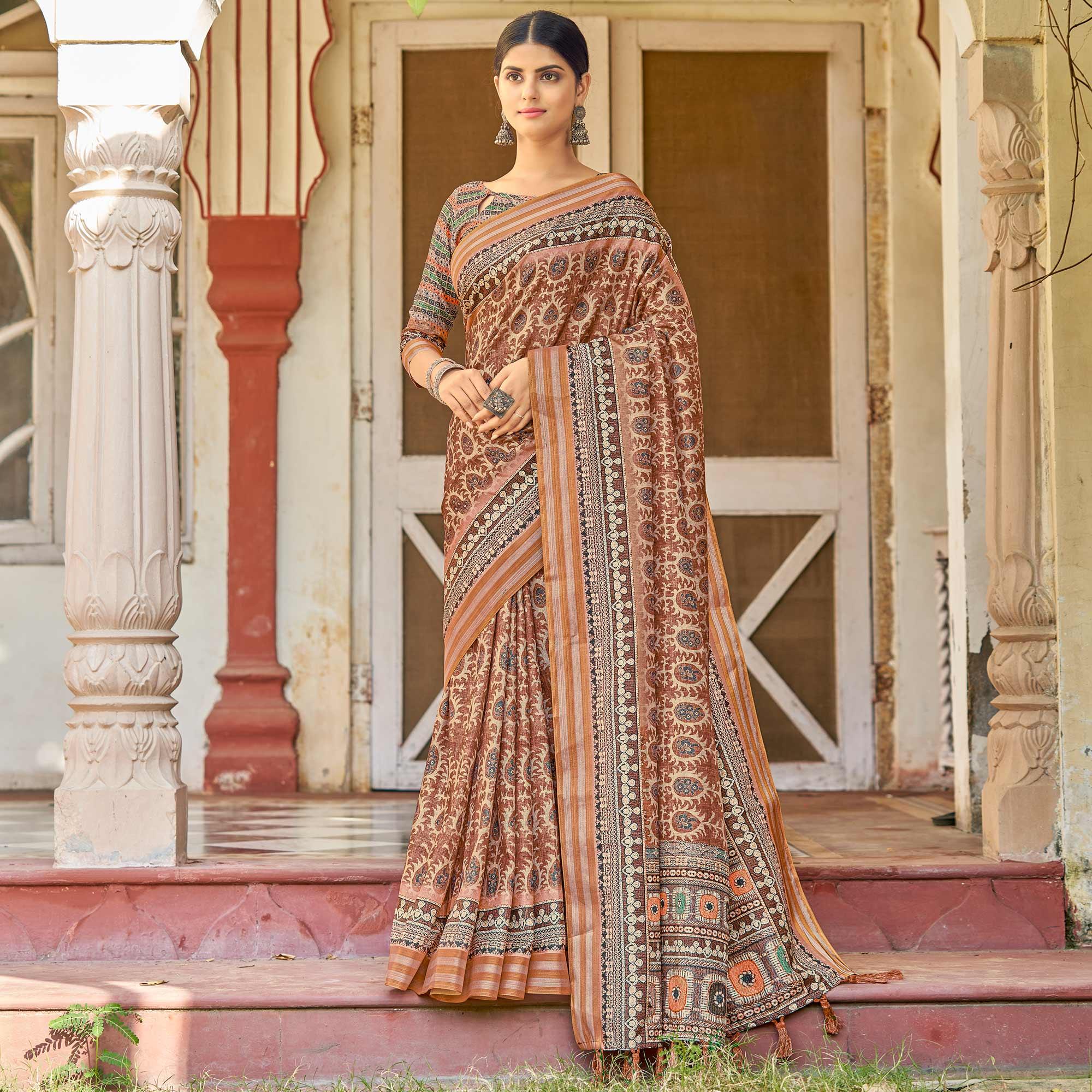Brown Digital Printed Art Silk Saree - Peachmode