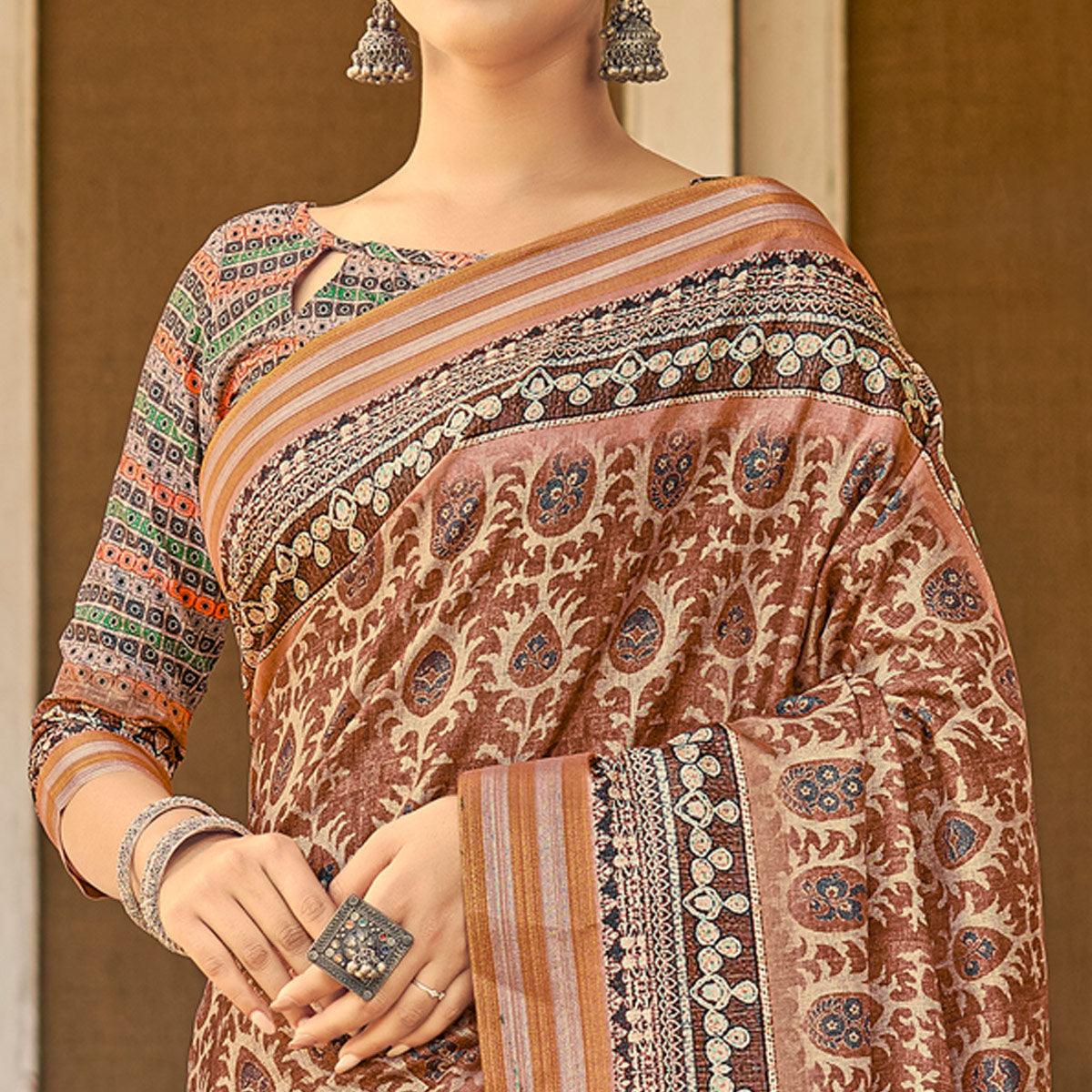 Brown Digital Printed Art Silk Saree - Peachmode