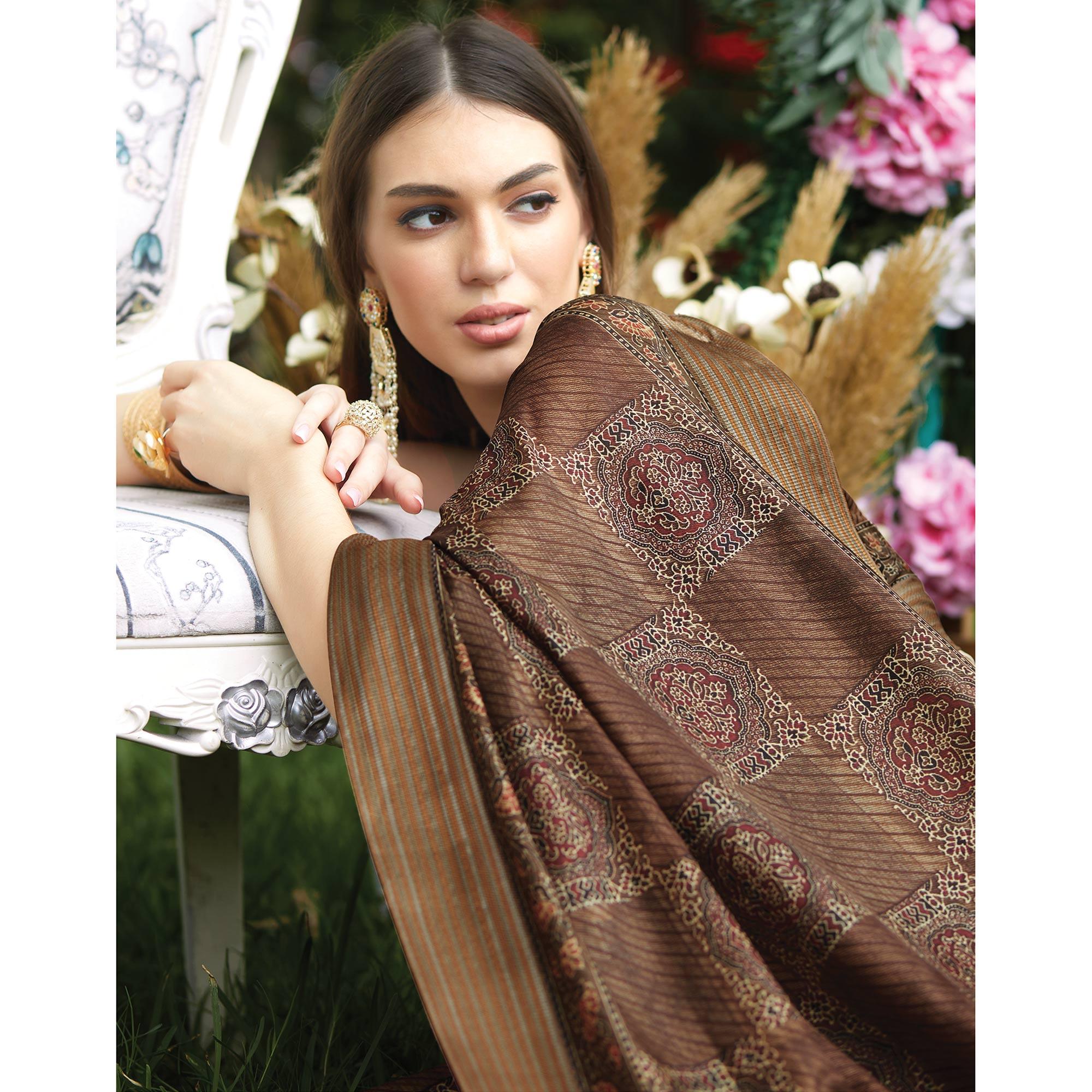Brown Digital Printed Art Silk Saree - Peachmode