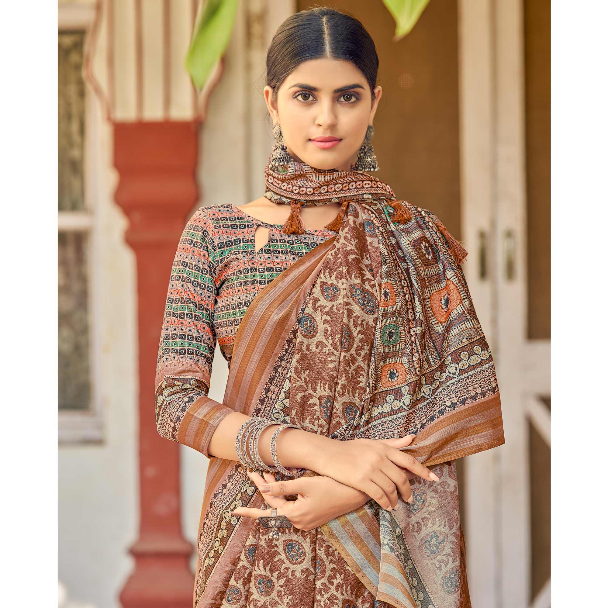 Brown Digital Printed Art Silk Saree - Peachmode