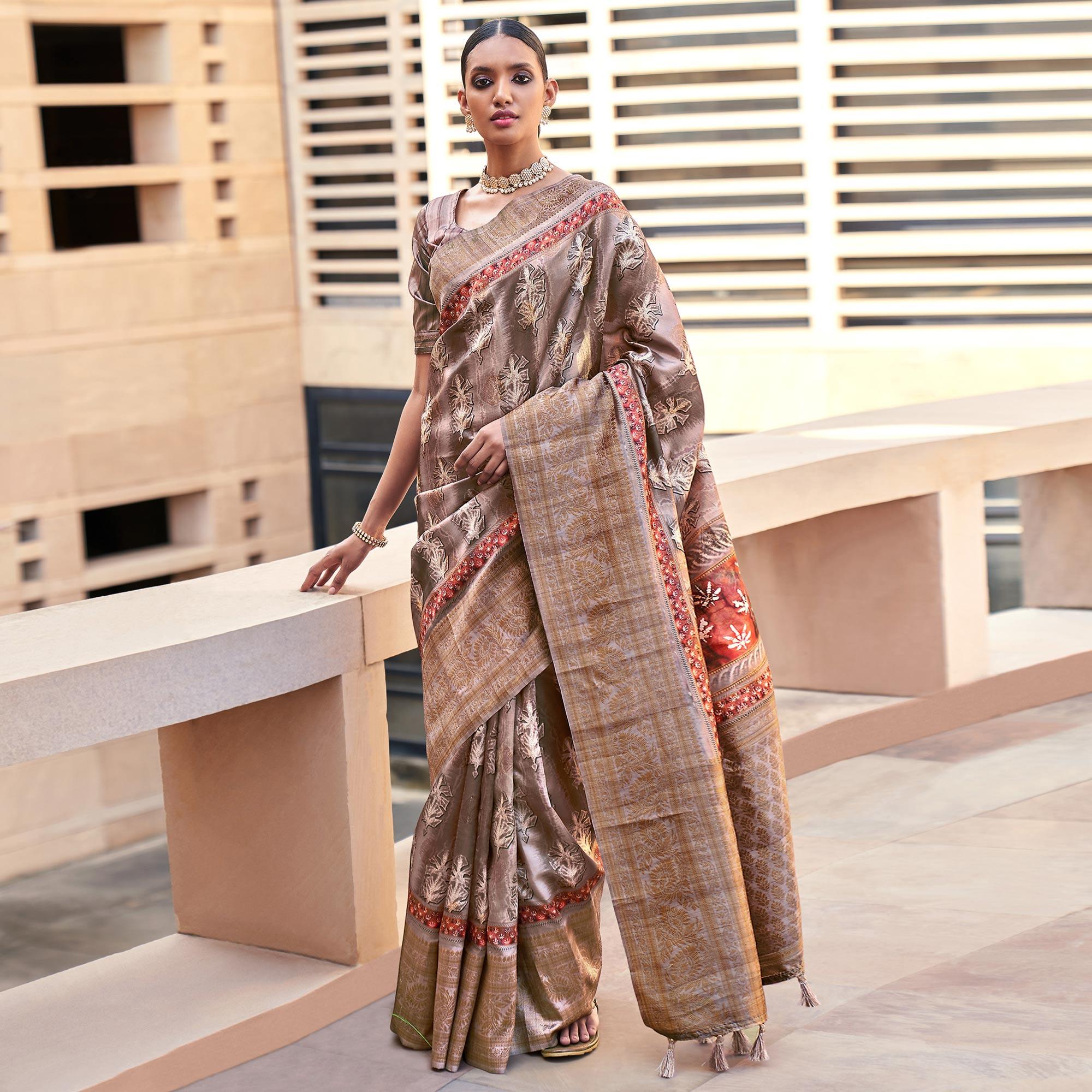 Brown Digital Printed Art Silk Saree With Tassels - Peachmode