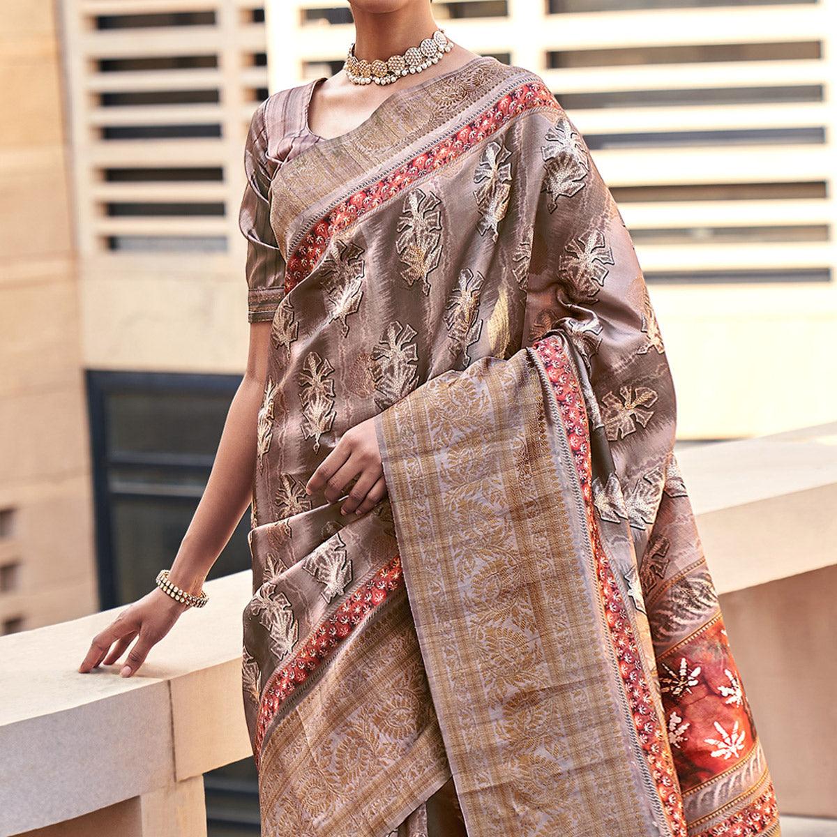 Brown Digital Printed Art Silk Saree With Tassels - Peachmode