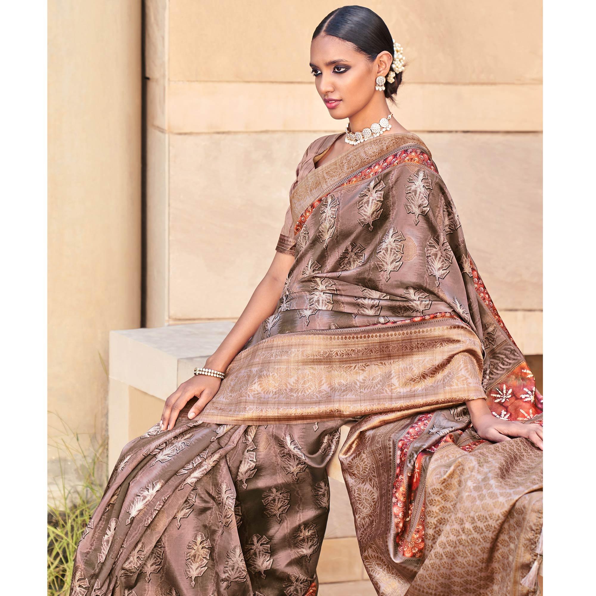 Brown Digital Printed Art Silk Saree With Tassels - Peachmode