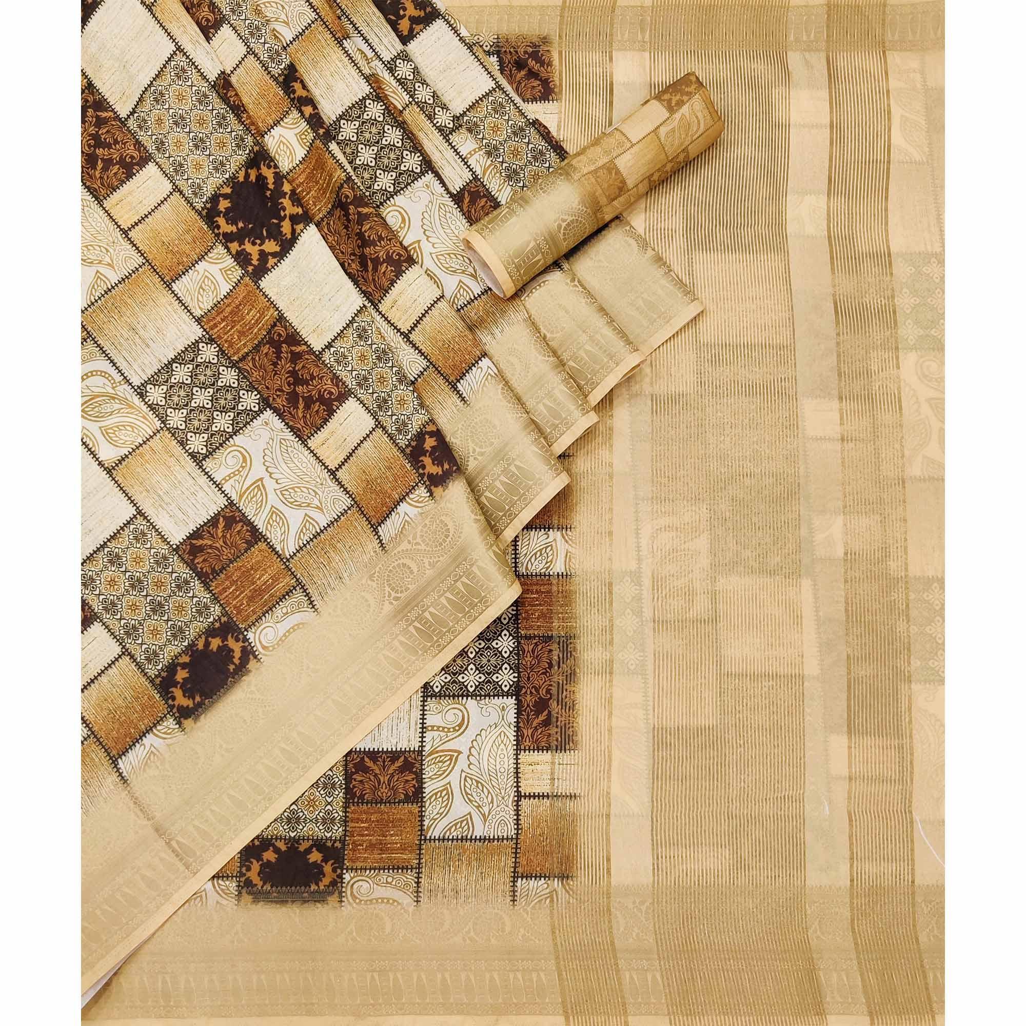 Brown Digital Printed Dola Silk Saree - Peachmode