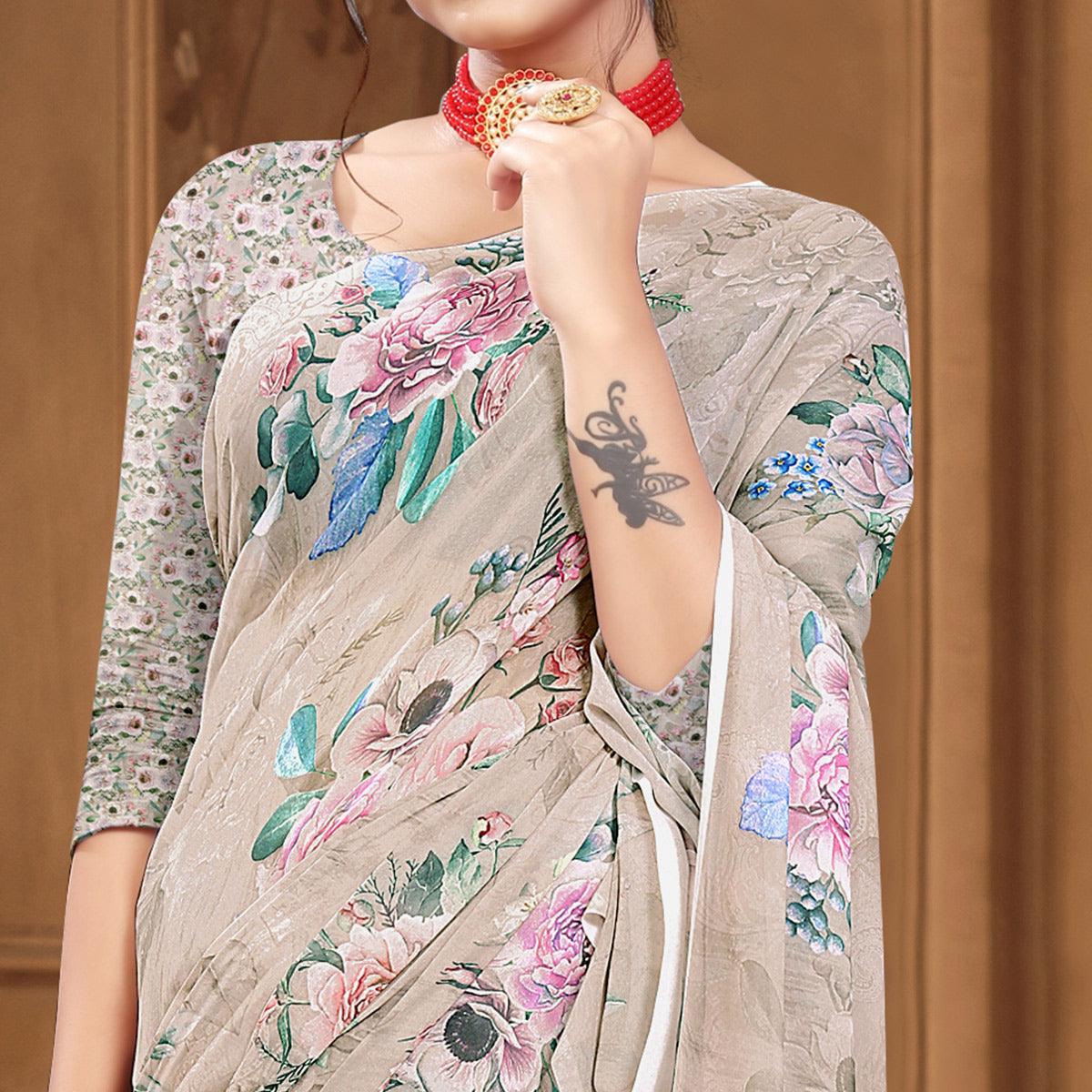 Brown Digital Printed Georgette Saree - Peachmode