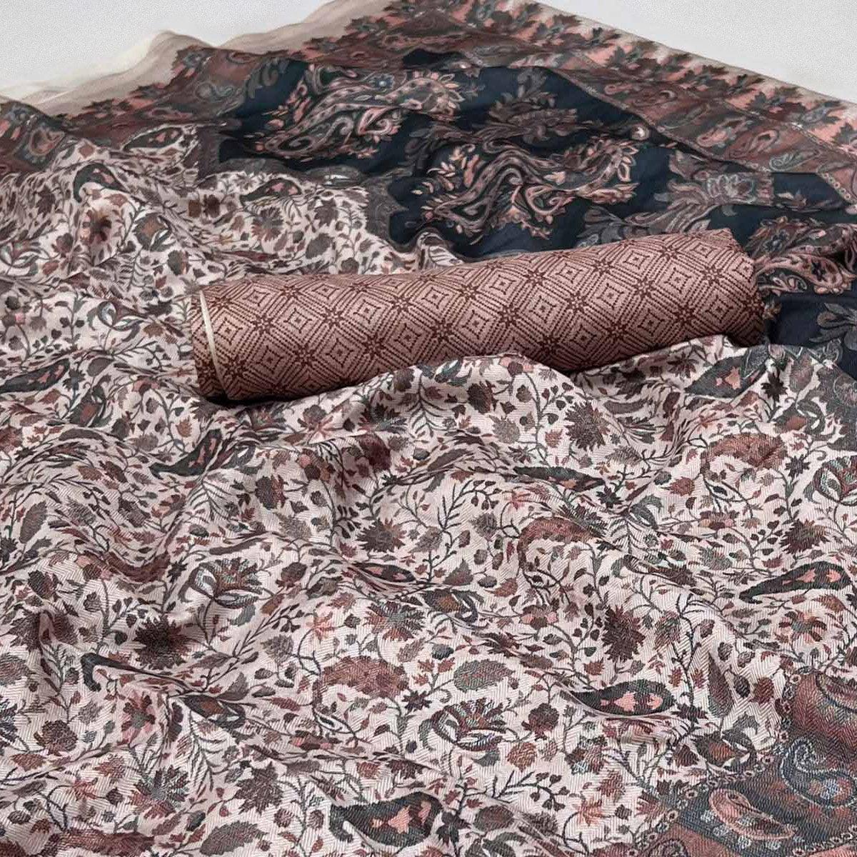 Brown Digital Printed Pashmina Saree - Peachmode