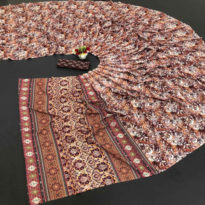 Brown Digital Printed Vichitra Silk Saree - Peachmode