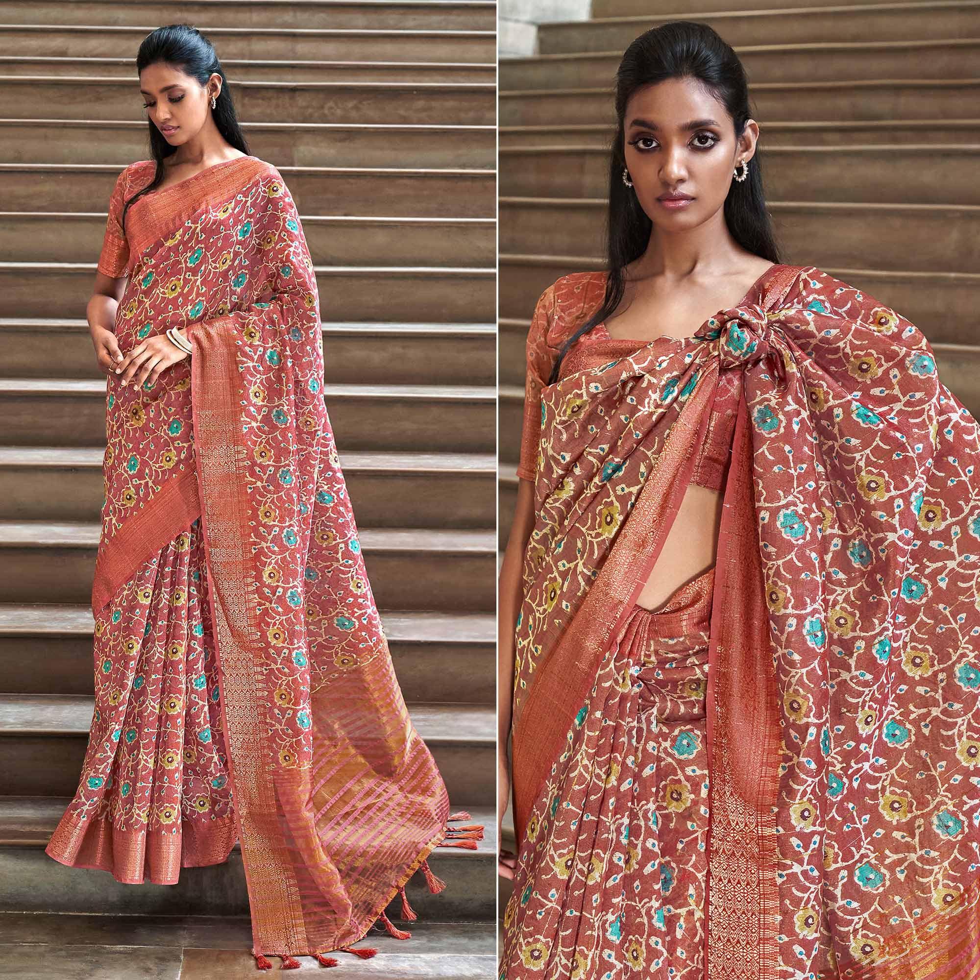 Brown Digital Printed-Woven Art Silk Saree With Tassels - Peachmode