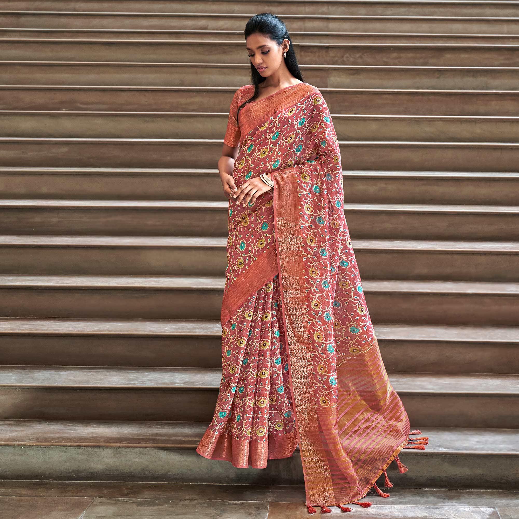 Brown Digital Printed-Woven Art Silk Saree With Tassels - Peachmode