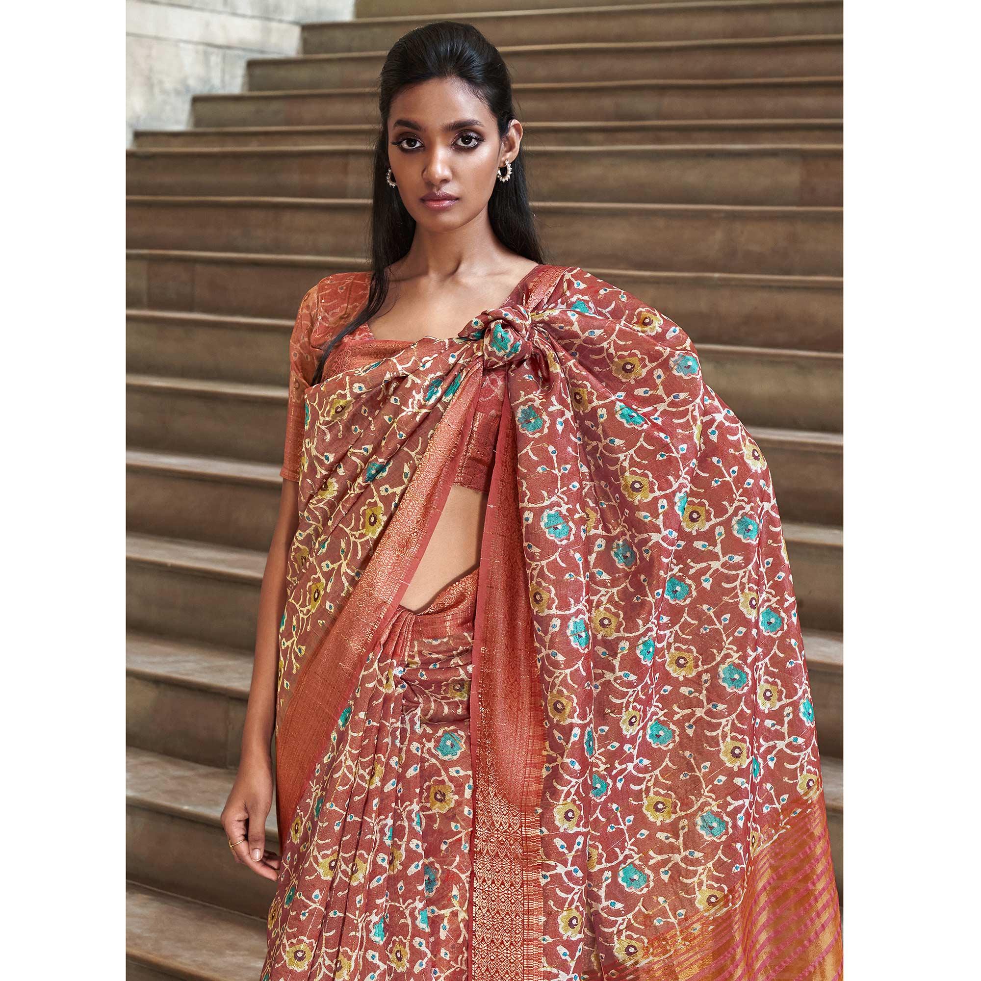 Brown Digital Printed-Woven Art Silk Saree With Tassels - Peachmode