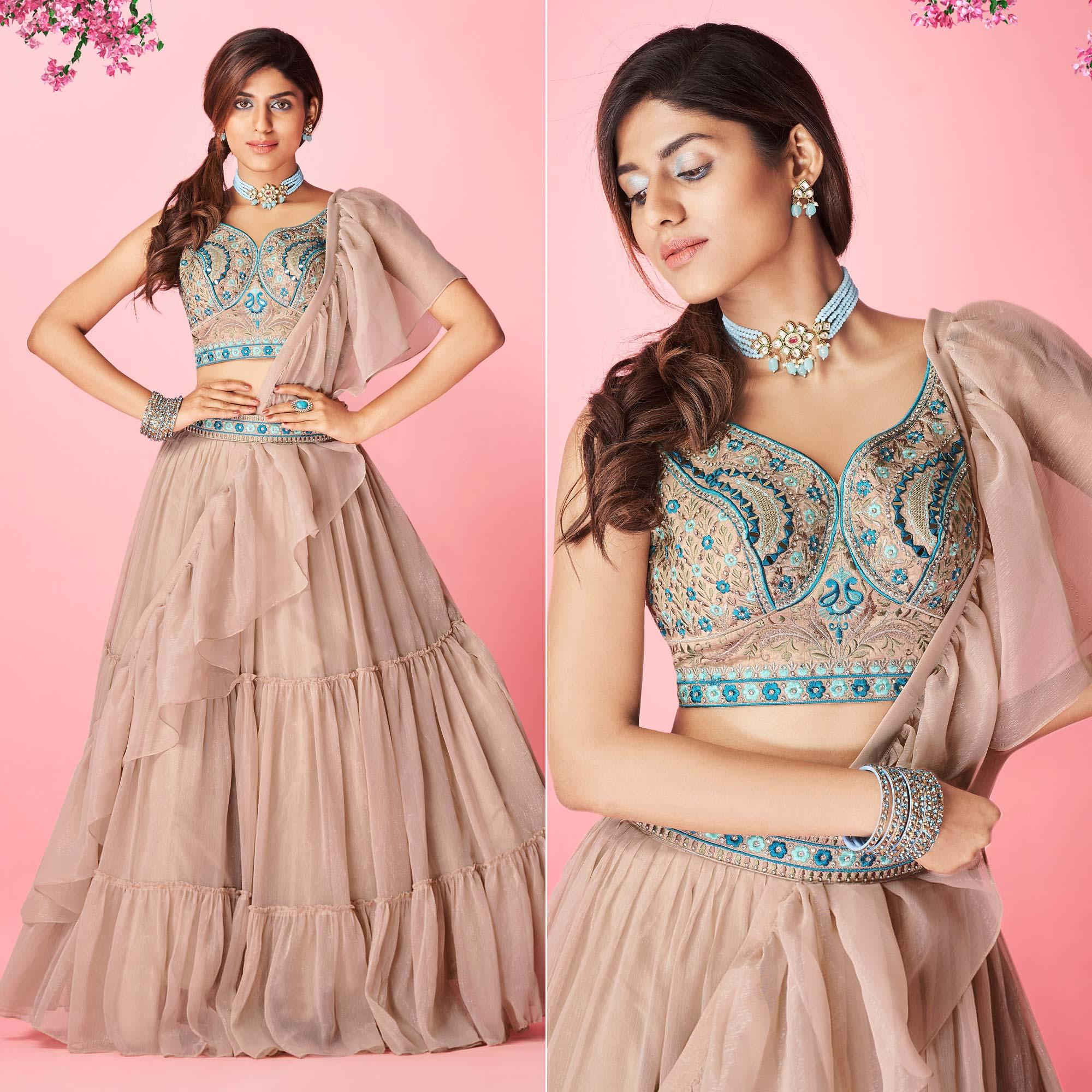 Brown Embellished With Embroidered Chiffon Lehenga Choli - Peachmode
