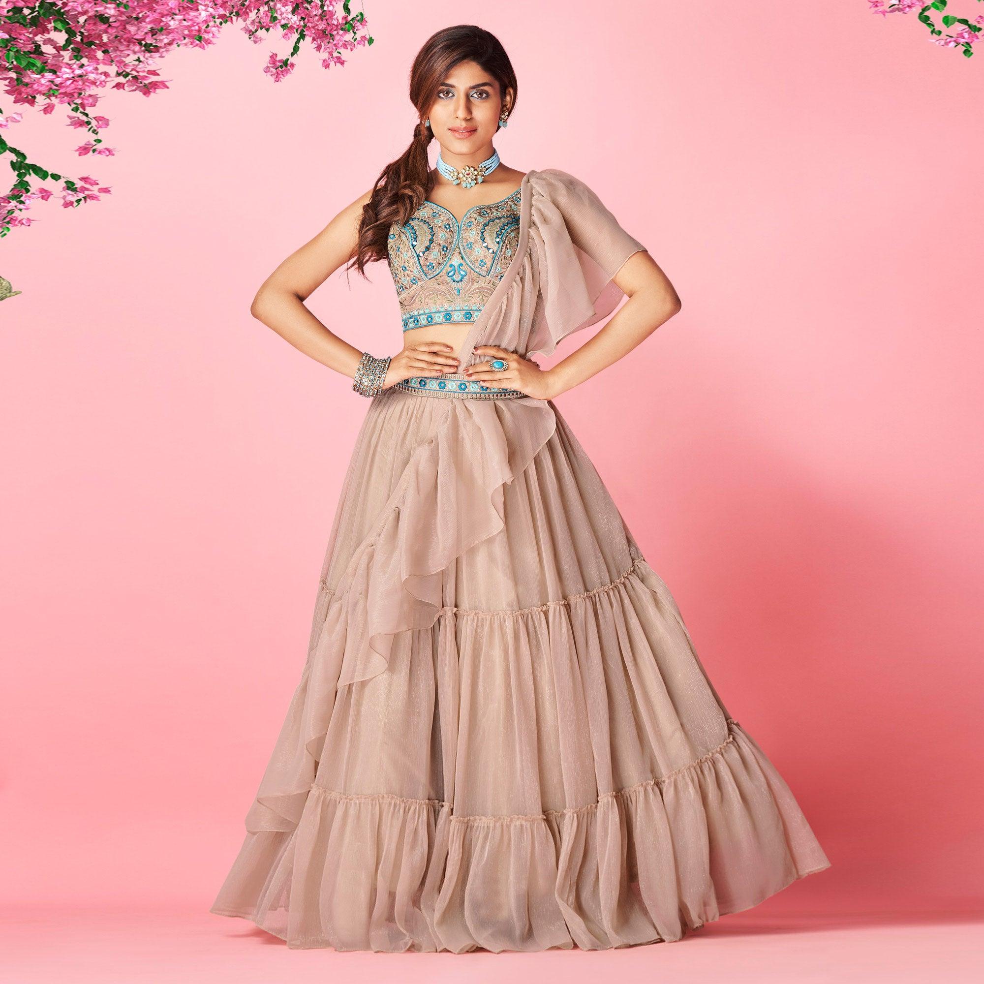 Brown Embellished With Embroidered Chiffon Lehenga Choli - Peachmode