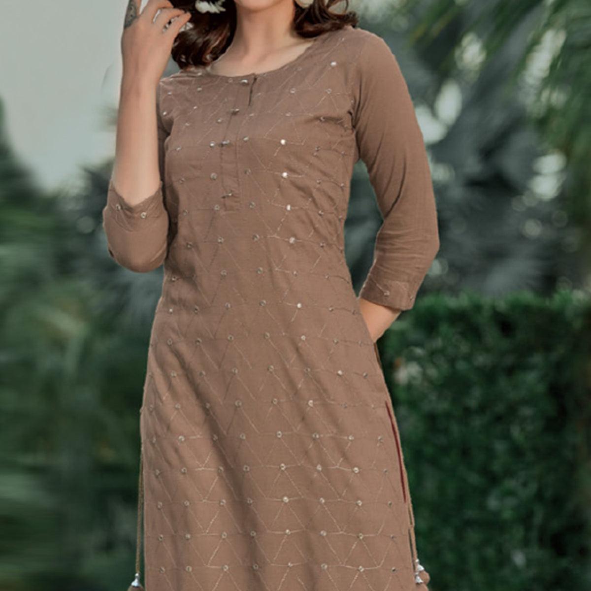 Brown Embellished With Embroidered Cotton Kurti - Peachmode