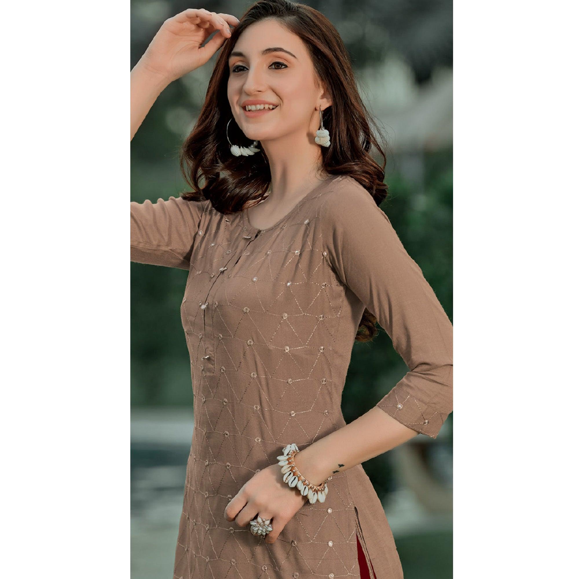 Brown Embellished With Embroidered Cotton Kurti - Peachmode