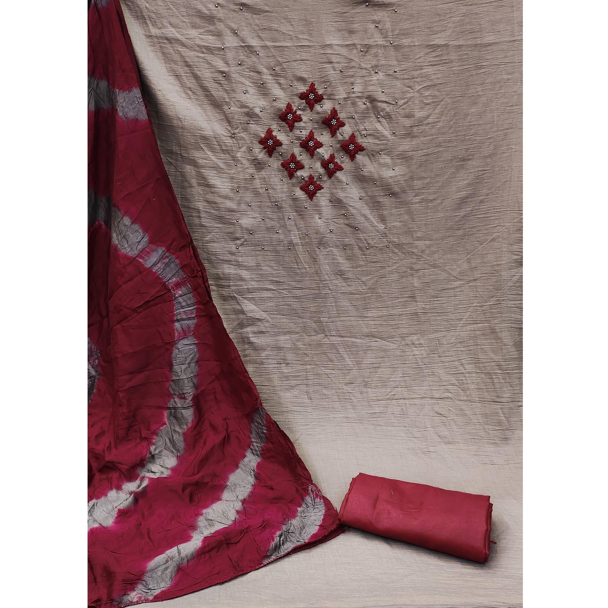 Brown Embroidered Art Silk Dress Material - Peachmode