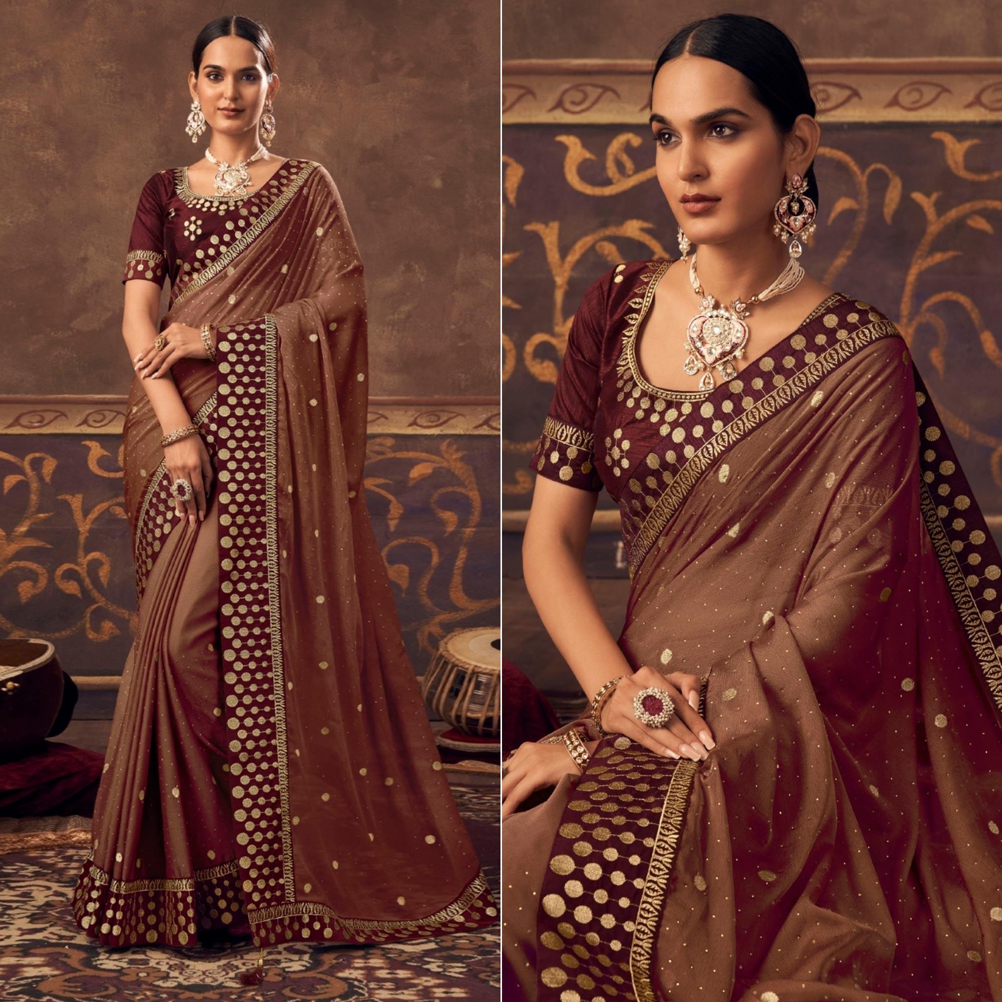 Brown Embroidered Chiffon Saree - Peachmode