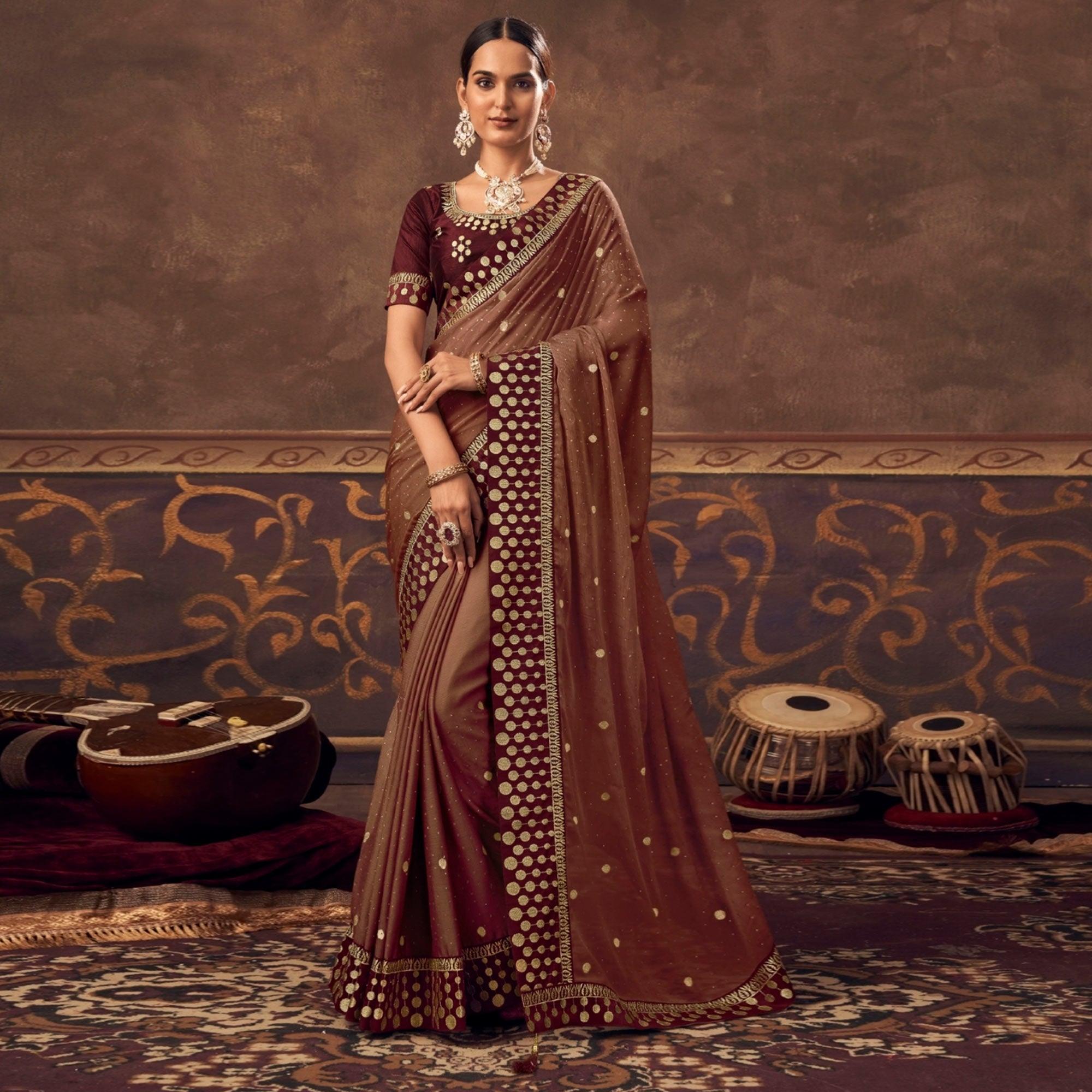 Brown Embroidered Chiffon Saree - Peachmode