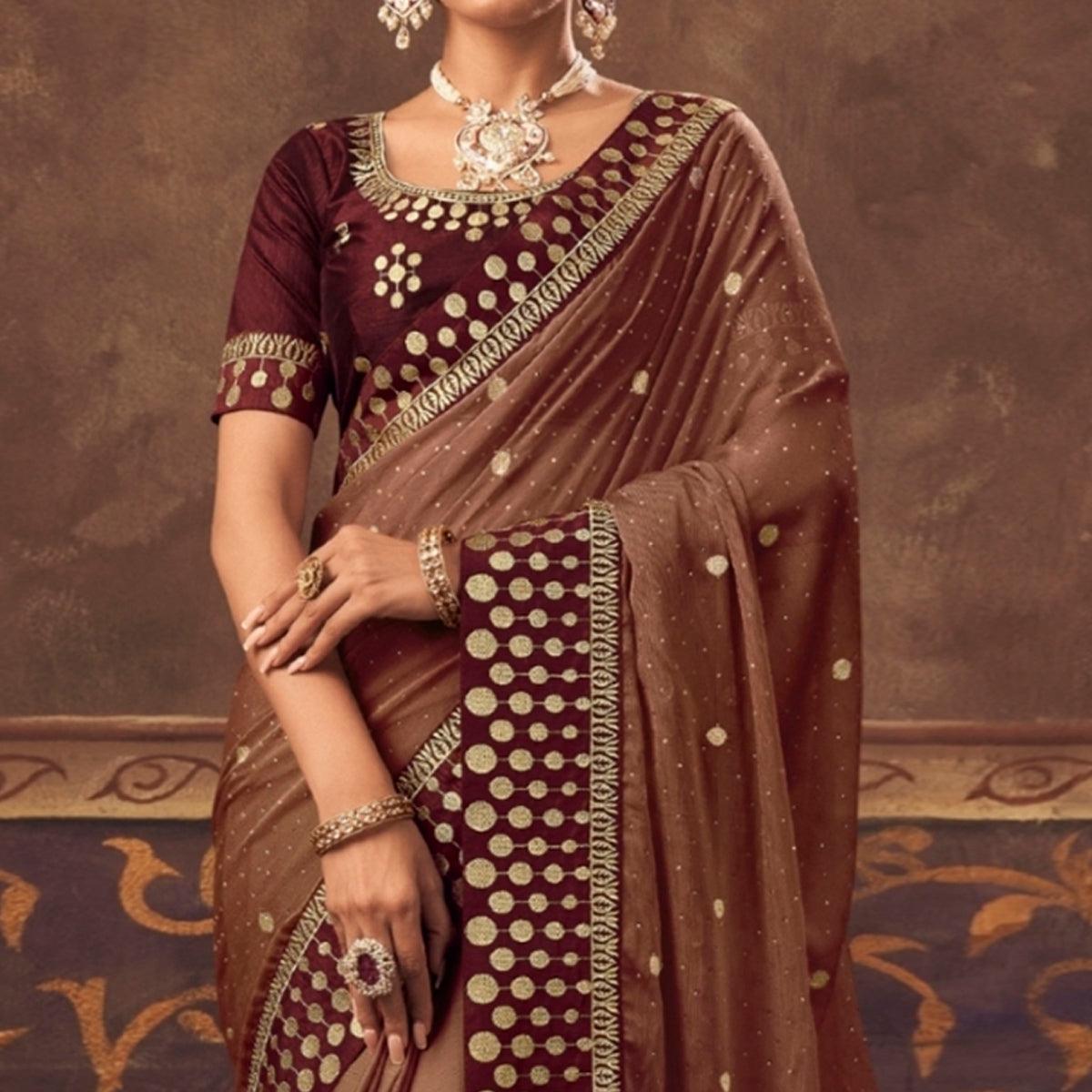 Brown Embroidered Chiffon Saree - Peachmode