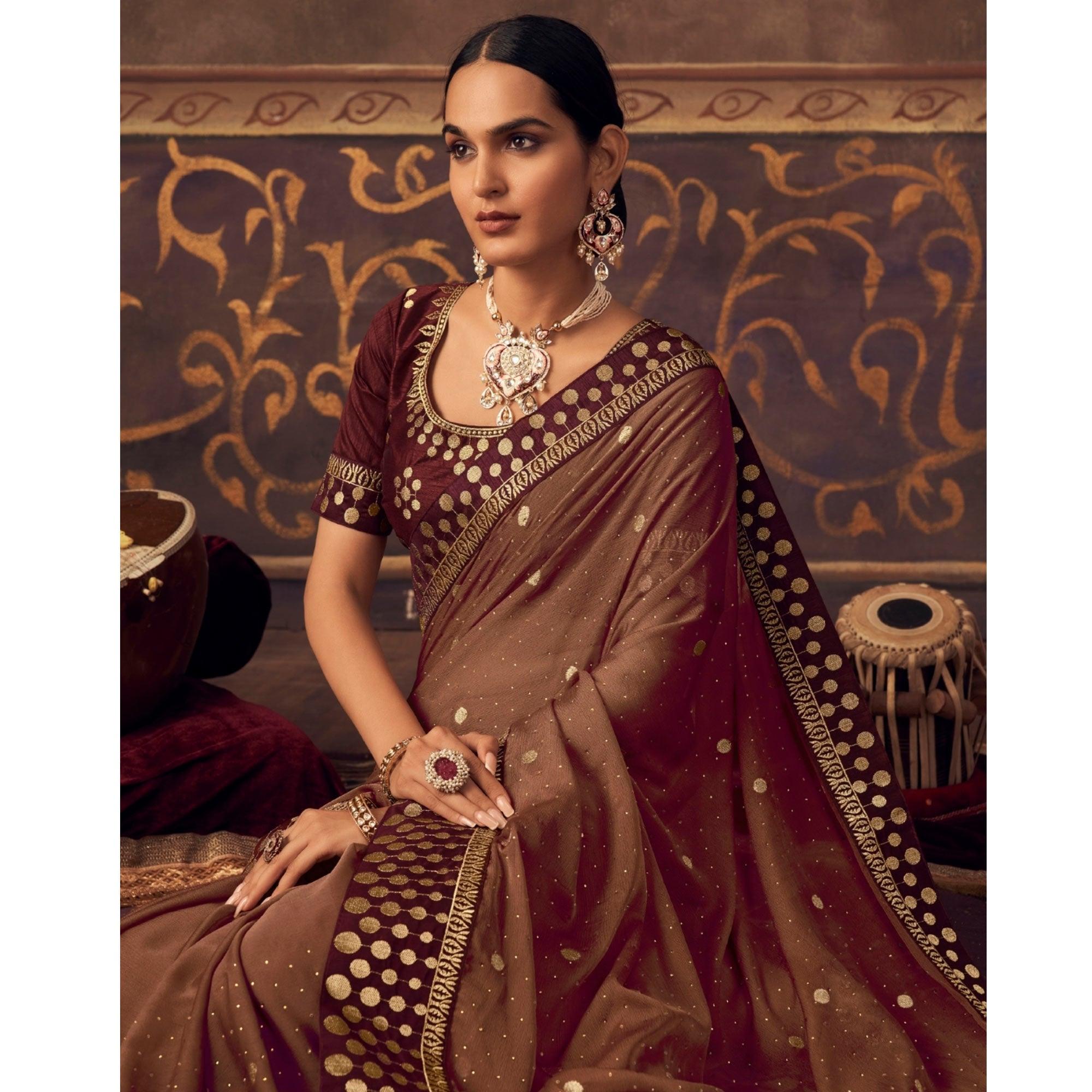 Brown Embroidered Chiffon Saree - Peachmode