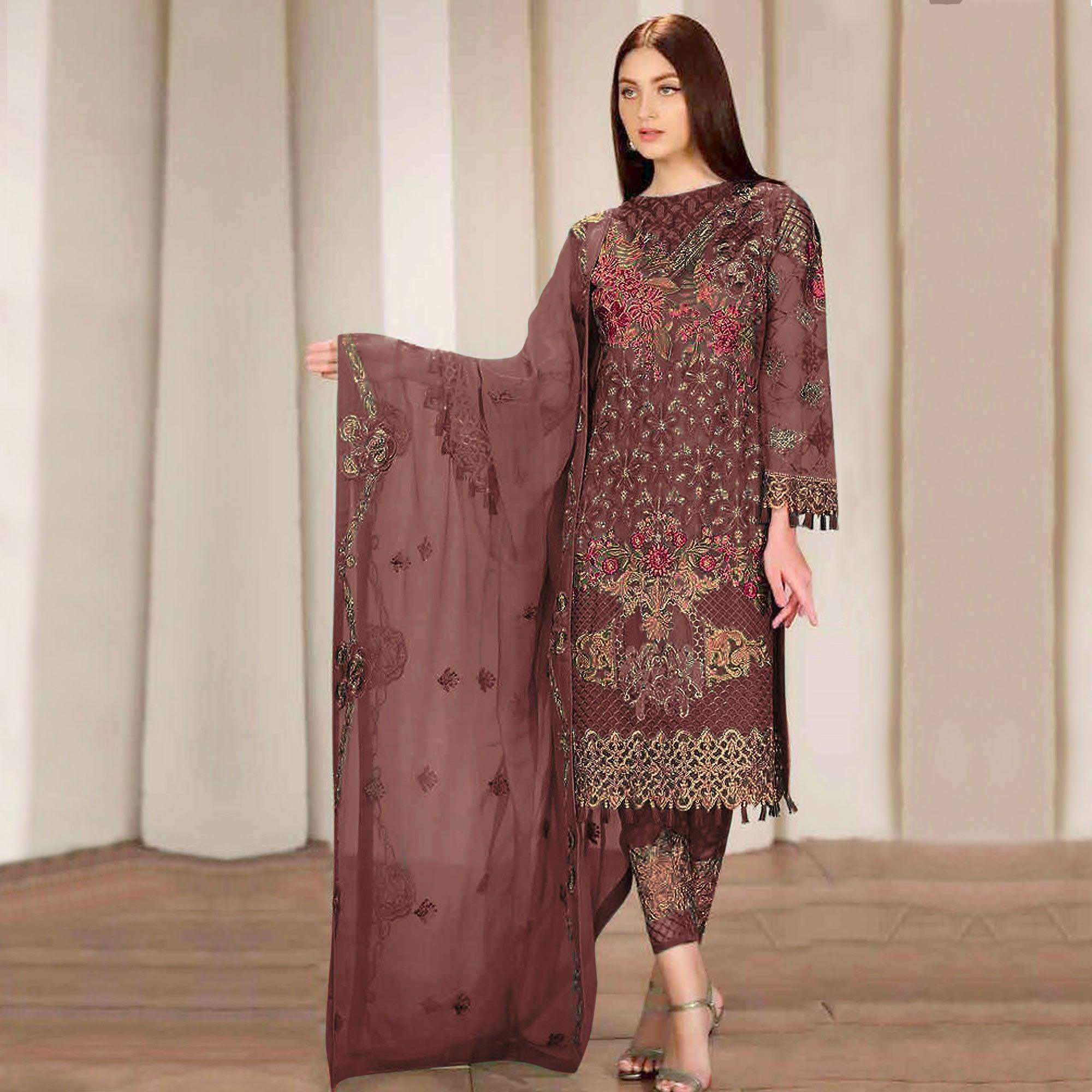 Brown Embroidered Georgette Pakistani Suit - Peachmode