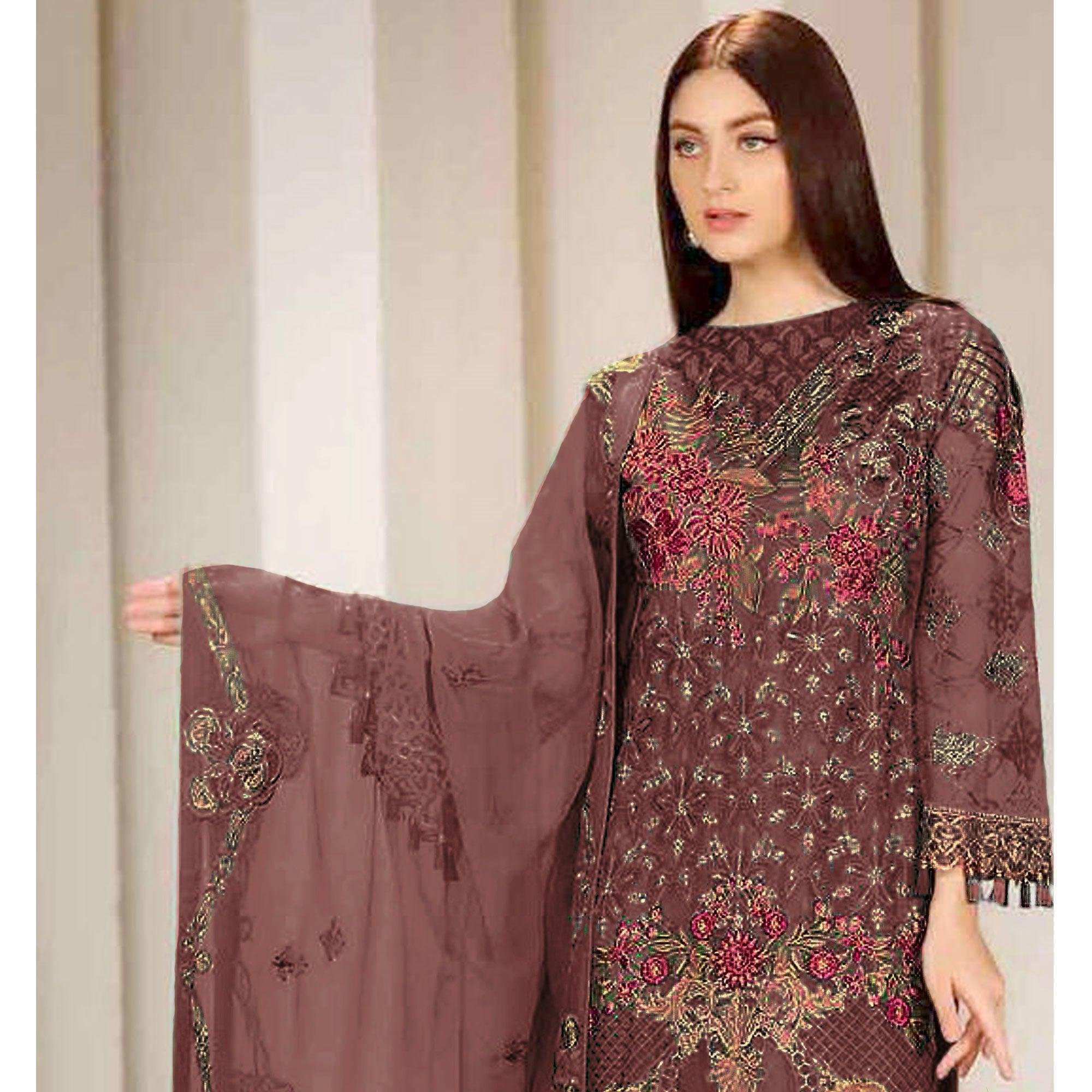 Brown Embroidered Georgette Pakistani Suit - Peachmode