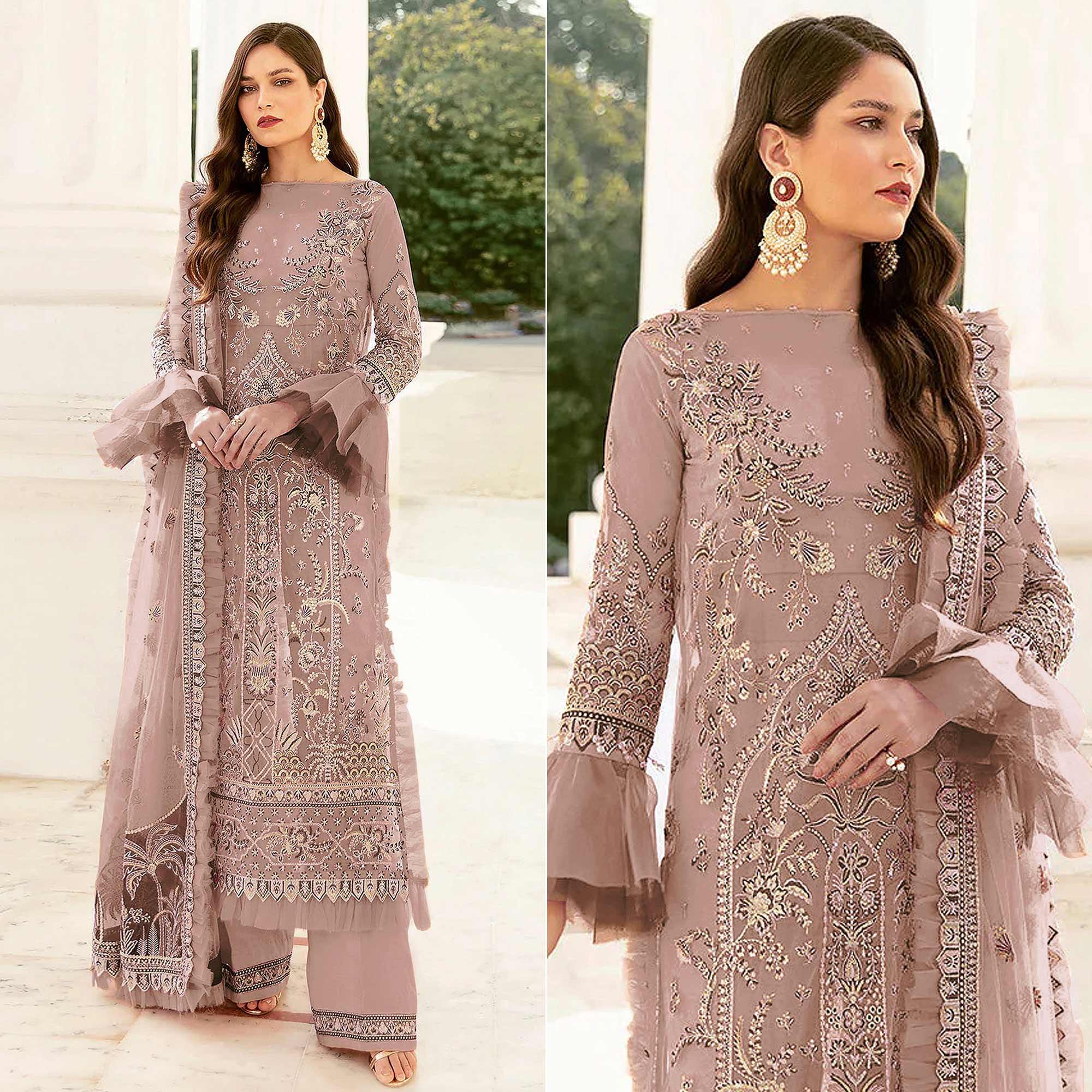 Brown Embroidered Netted Pakistani Suit - Peachmode