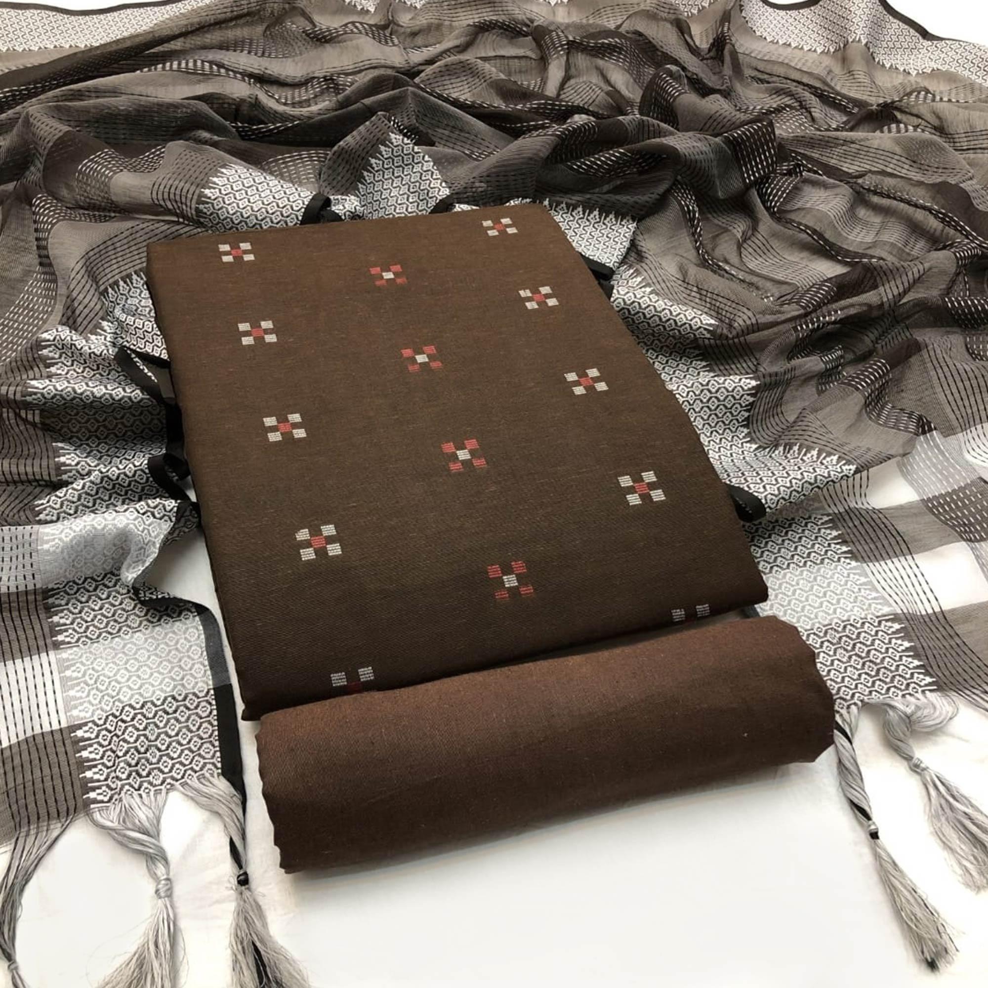 Brown Embroidered Pure Cotton Dress Material - Peachmode
