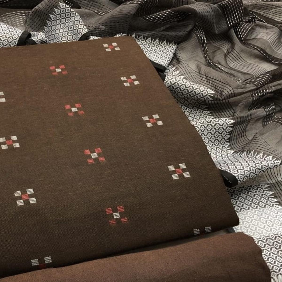 Brown Embroidered Pure Cotton Dress Material - Peachmode