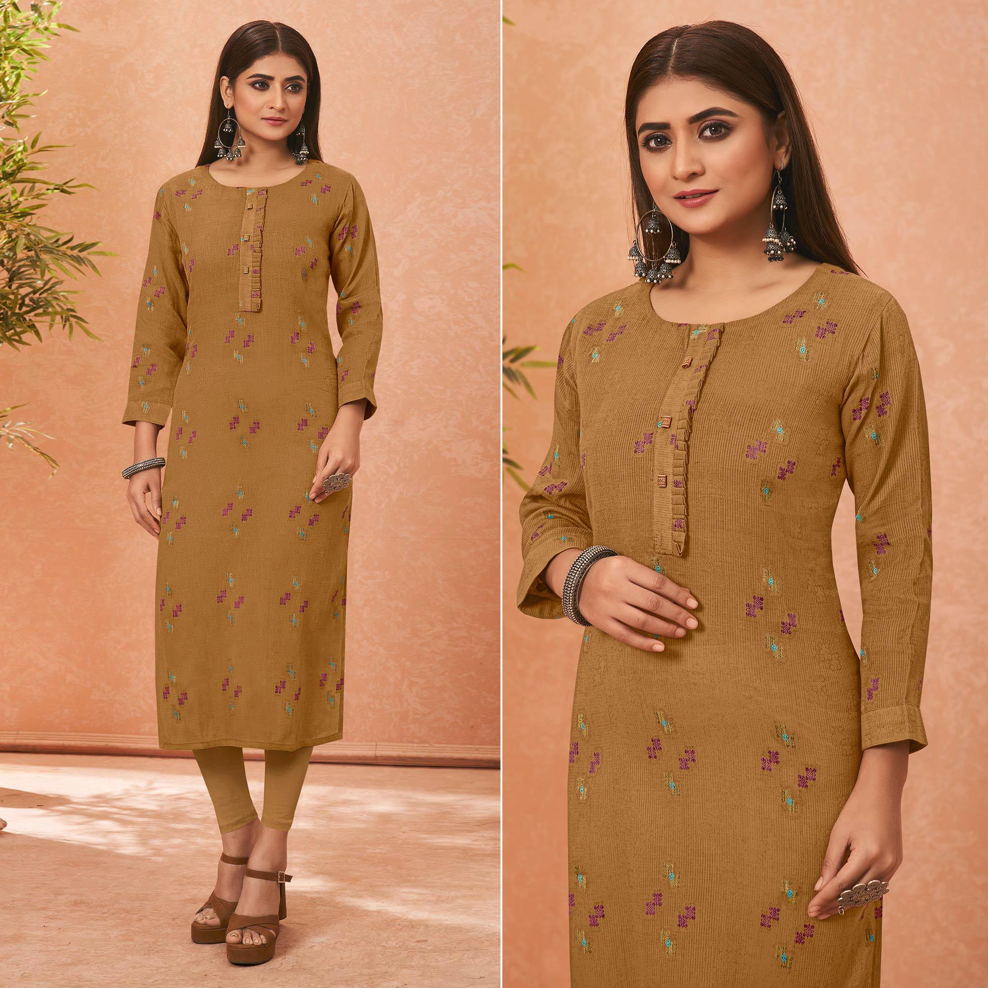 Brown Embroidered Pure Cotton Kurti - Peachmode