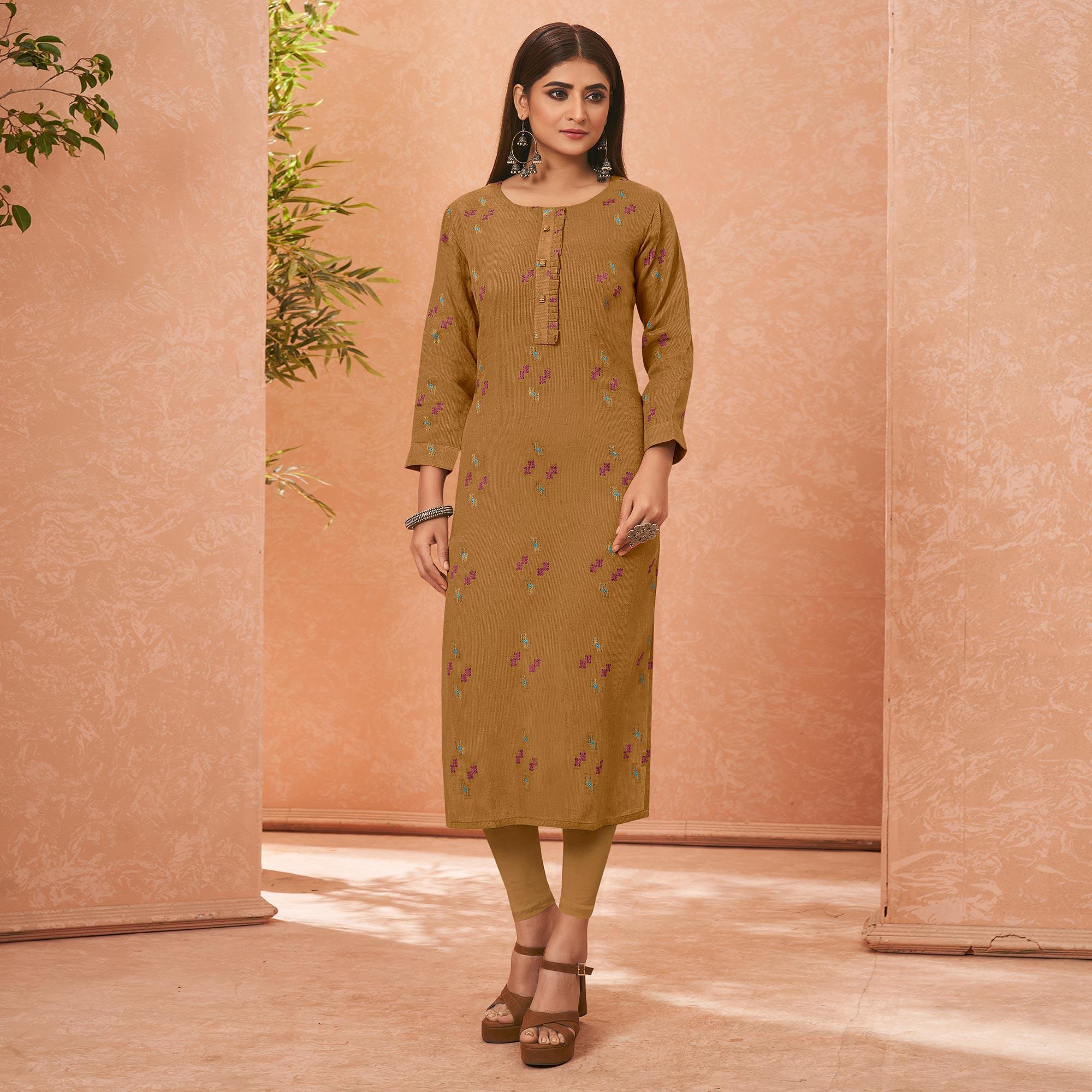Brown Embroidered Pure Cotton Kurti - Peachmode