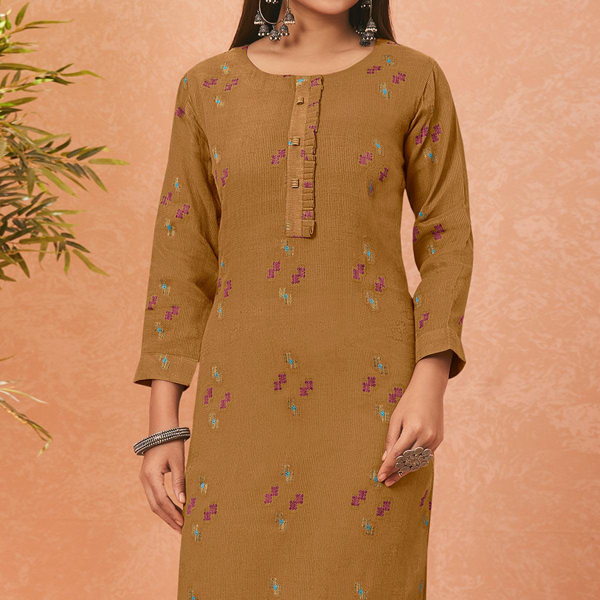 Brown Embroidered Pure Cotton Kurti - Peachmode