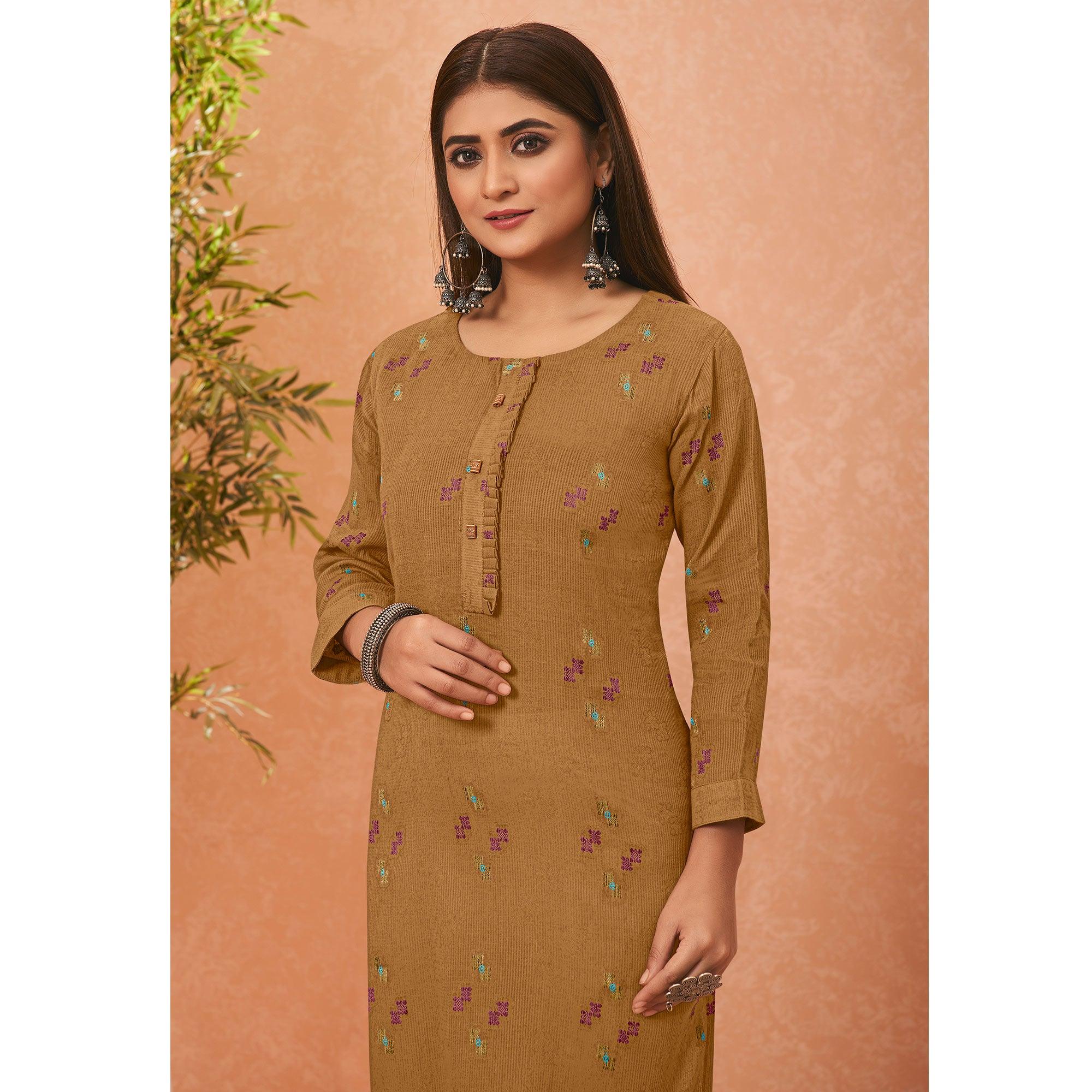 Brown Embroidered Pure Cotton Kurti - Peachmode