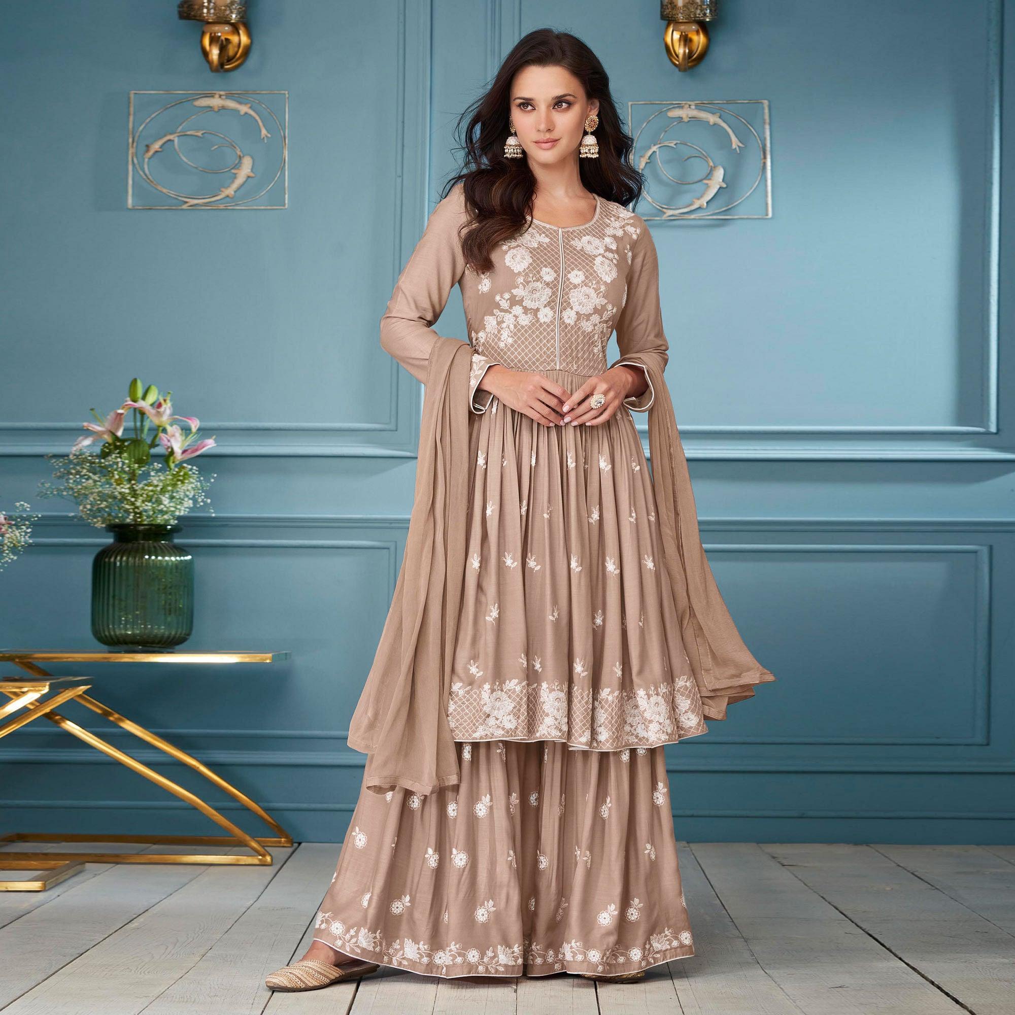 Brown Embroidered Rayon Sharara Suit - Peachmode