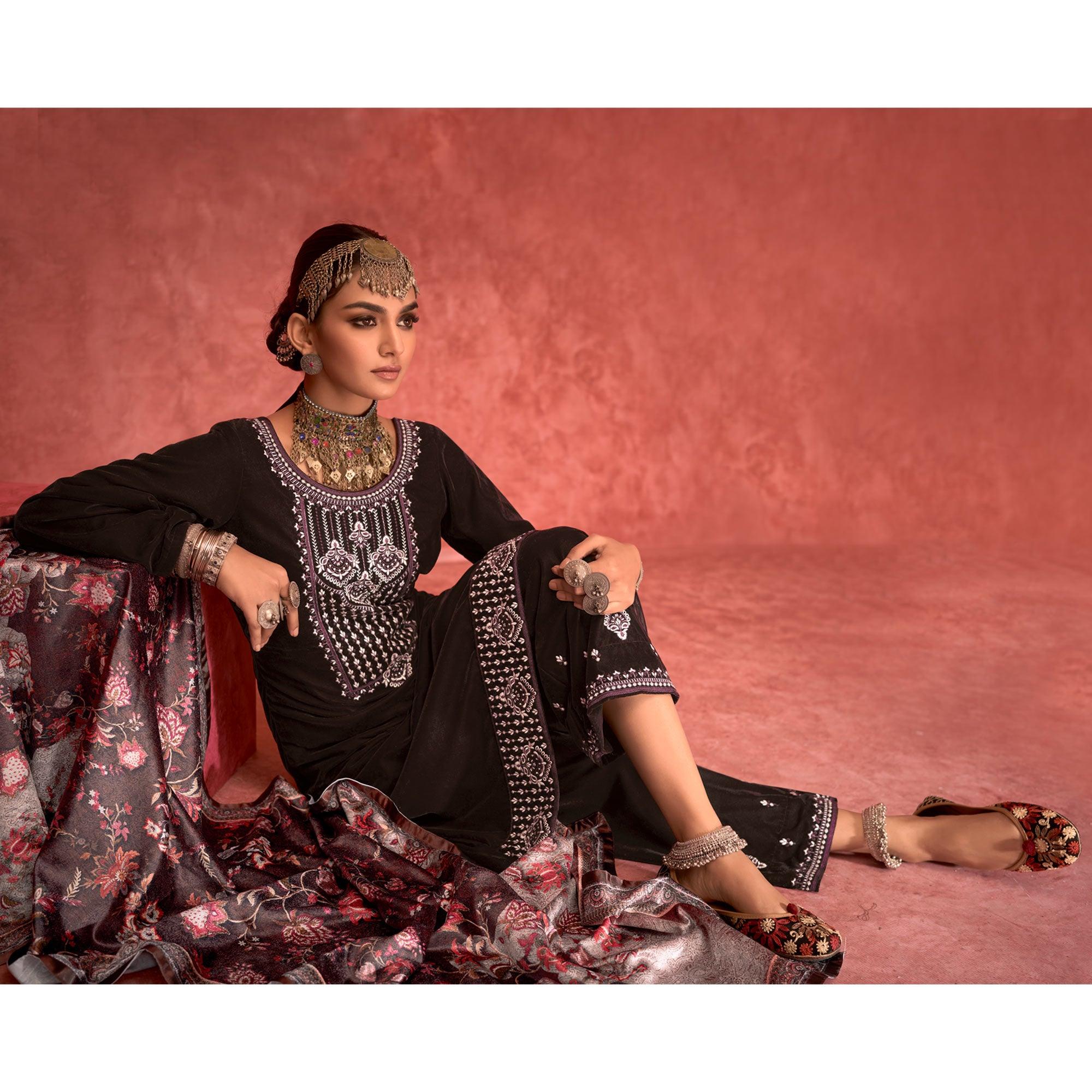 Brown Embroidered Velvet Pakistani Suit - Peachmode